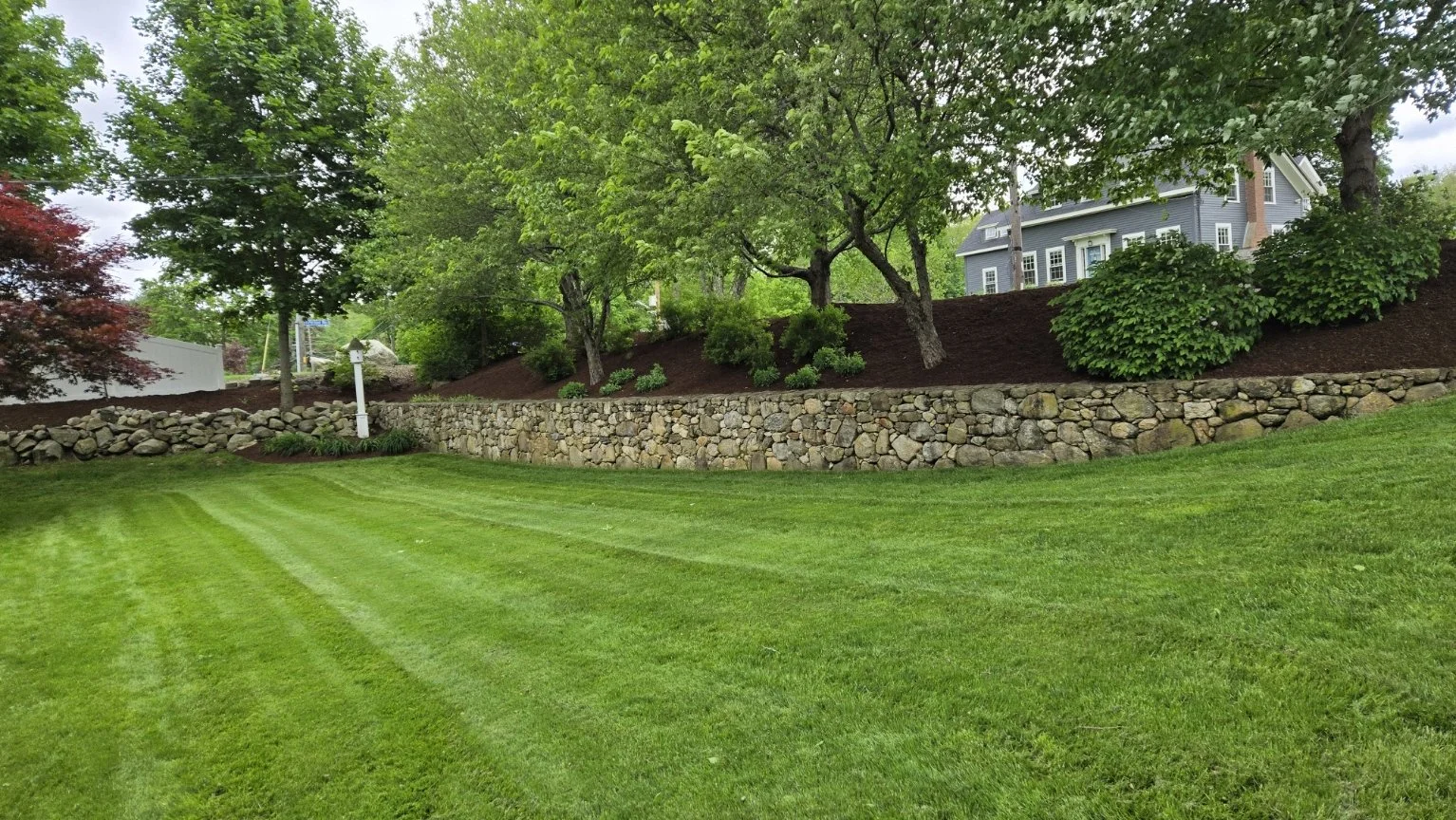 A landscaped backyard with green grass, a stone retaining wall, trees, and bushes with a house visible in the background.