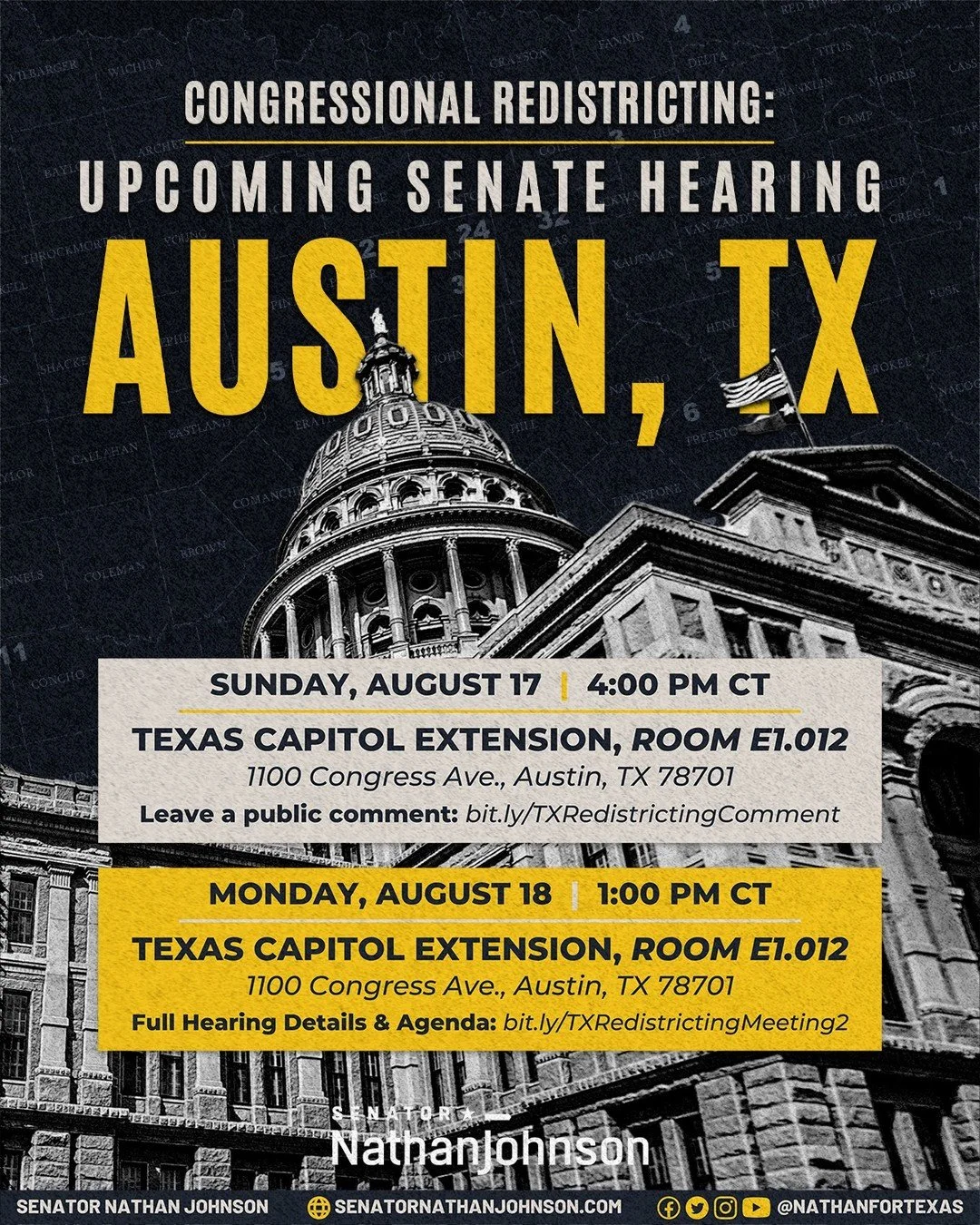 The Texas Senate Redistricting Committee will hold a public hearing on congressional maps tomorrow at 4:00 PM CT at the Texas Capitol. You can testify in person or submit a public comment online: bit.ly/TXRedistrictingComment

The committee will meet