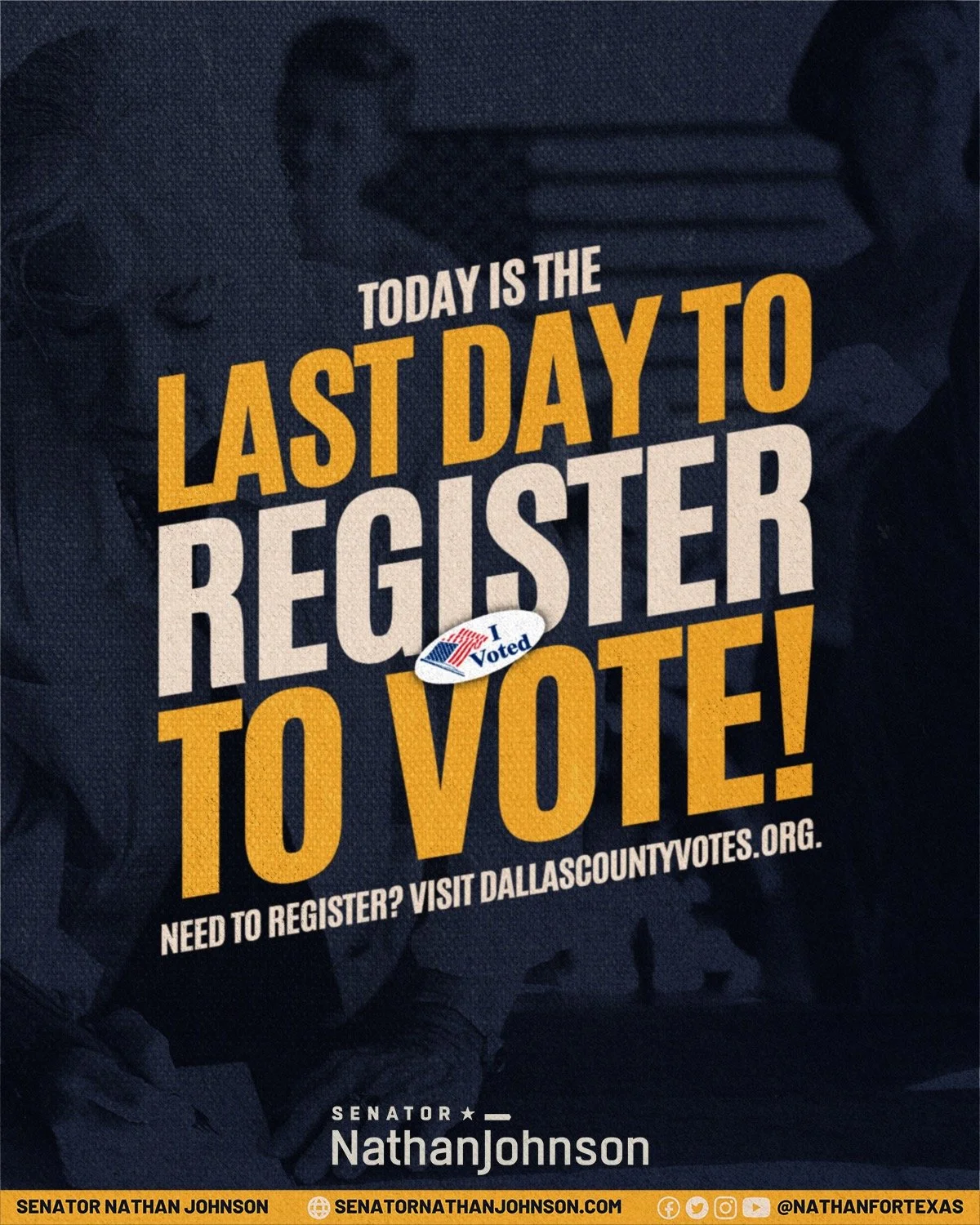 Dallas County &mdash; Today&rsquo;s the Deadline! 

If you want to vote in the Tuesday, November 4th election, TODAY is your last chance to register to vote or update your address!

➡️ Check your status now at VoteTexas.gov;
➡️ Or visit @DallasCounty