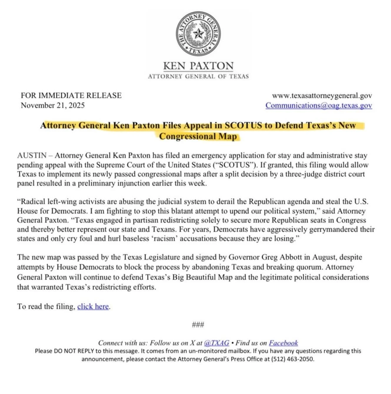 BREAKING: Attorney General Ken Paxton just filed an appeal with the Supreme Court to uphold Texas Republicans&rsquo; racist congressional maps. 

These are the same maps a Trump-appointed judge rejected for violating the constitution. 

Texans deserv