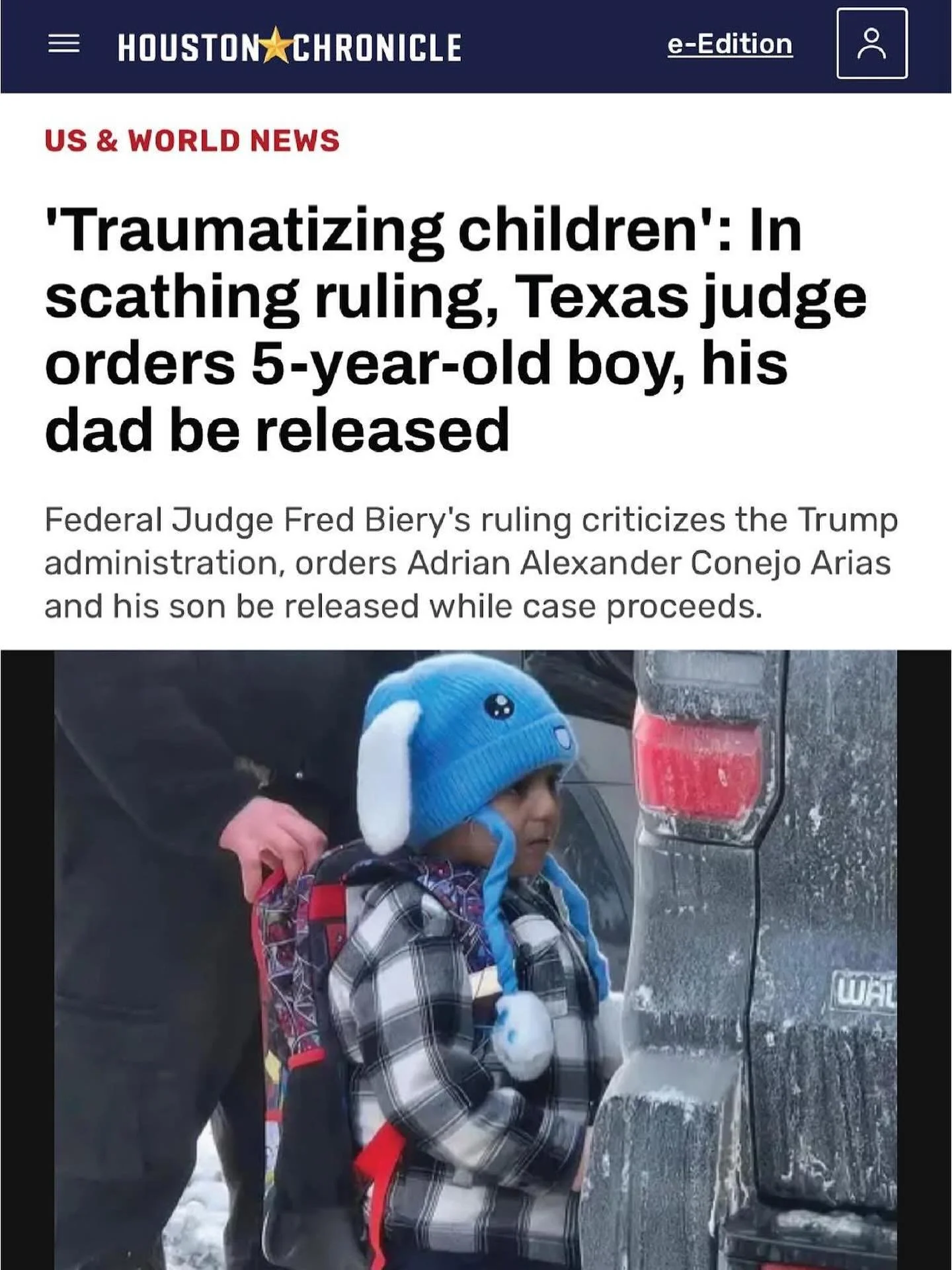 HUGE NEWS: A federal judge just ordered the release of Liam Conejo Ramos and his father!

The ruling noted the Trump Administration is ignoring &ldquo;an American historical document called the Declaration of Independence.&rdquo;

This is a step in t