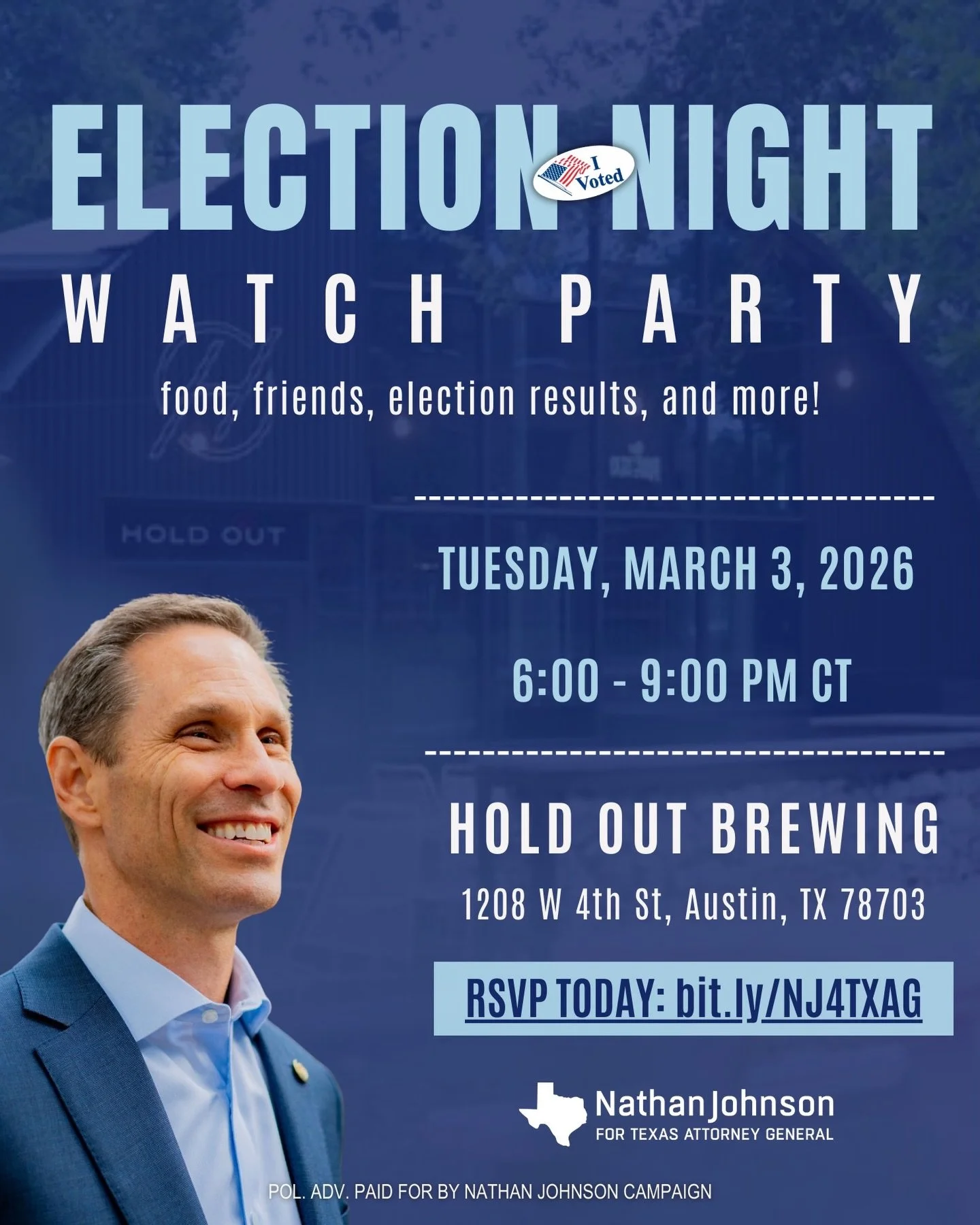 Join us tomorrow in Austin at Holdout Brewing at 6pm!

We&rsquo;ll enjoy good food, watch election results, and celebrate months of hard work!

RSVP at the link in my bio!