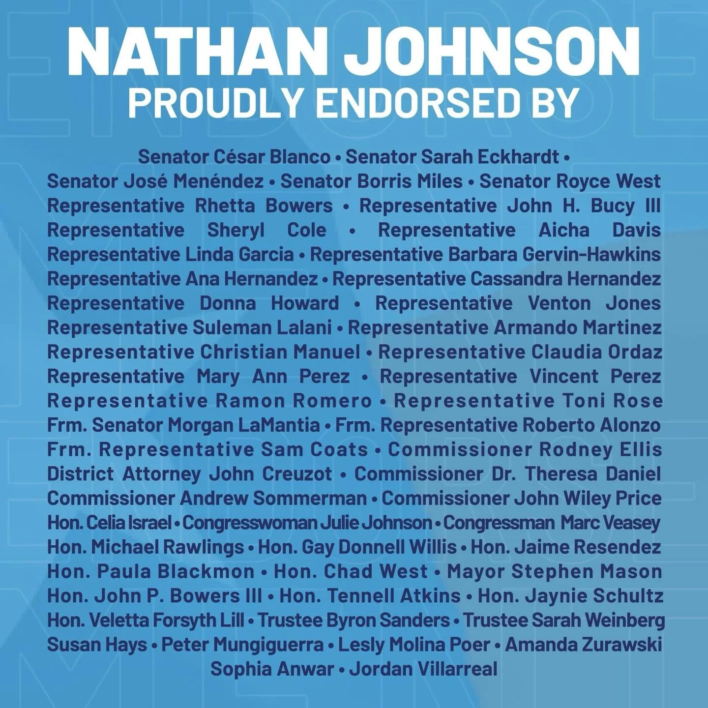 Proud to be endorsed by leaders from across Texas.

This coalition reflects something simple: the need for an Attorney General who understands the law, respects its limits, and uses it to serve the public &mdash; not themselves.

Grateful for the tru