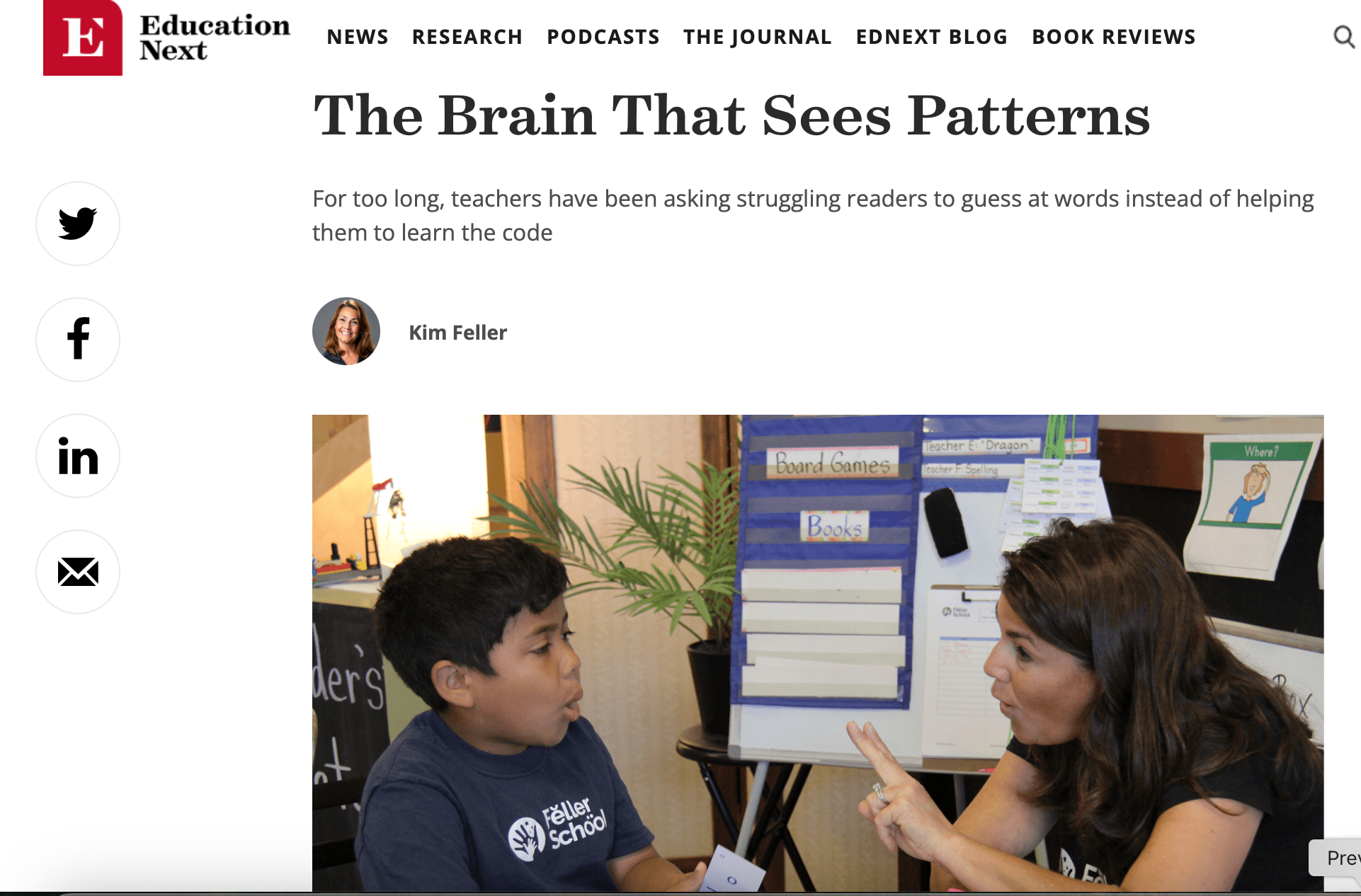 Education Next article showing Kim Feller working with a Feller School student