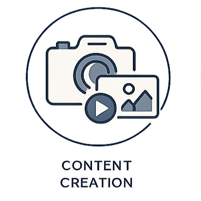 An icon of a camera with a mountain and sun inside, a play button, and an image thumbnail, representing content creation.