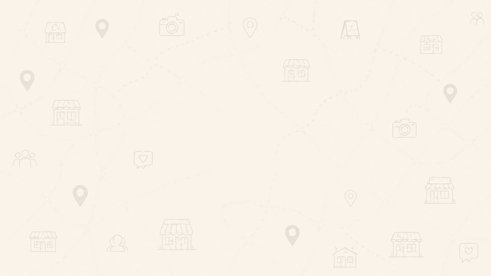 The image has a light beige background with thin, gray, outline icons of houses, map pins, cameras, speech bubbles with hearts, and groups of people, all connected by faint lines suggesting a network or map.