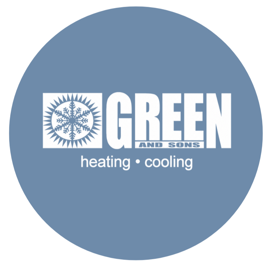 Blue circular logo for Green and Sons Heating and Cooling, featuring a snowflake with a circular design and the company's name and services.
