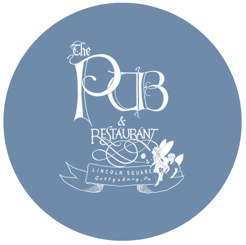 Logo for The Pub & Restaurant at Lincoln Square, Gettysburg, Pennsylvania, featuring fairy tale-inspired font and artwork of two fairies sitting on a banner.