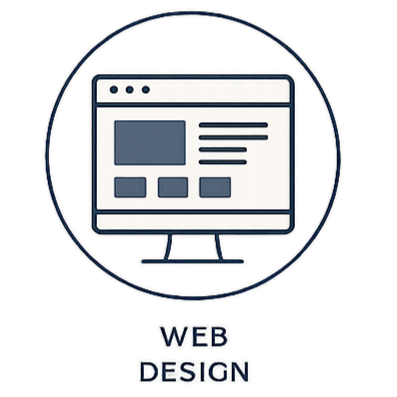 Illustration of a computer monitor displaying a web design layout with text and image sections, labeled "WEB DESIGN" at the bottom.