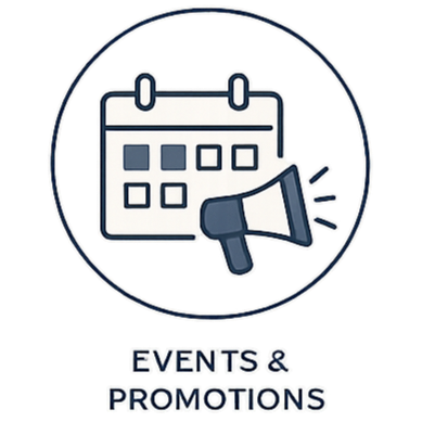 Calendar with a megaphone icon and the text 'Events & Promotions'.