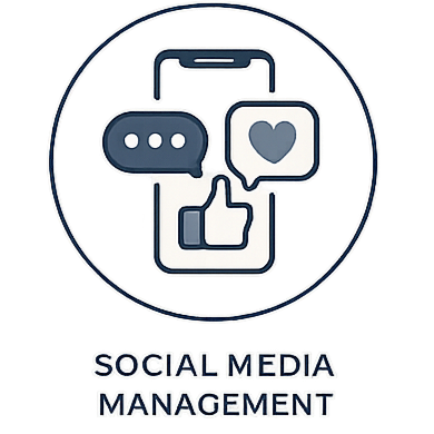 An icon of a smartphone with social media symbols including a speech bubble, a heart, and a thumbs-up, representing social media management.