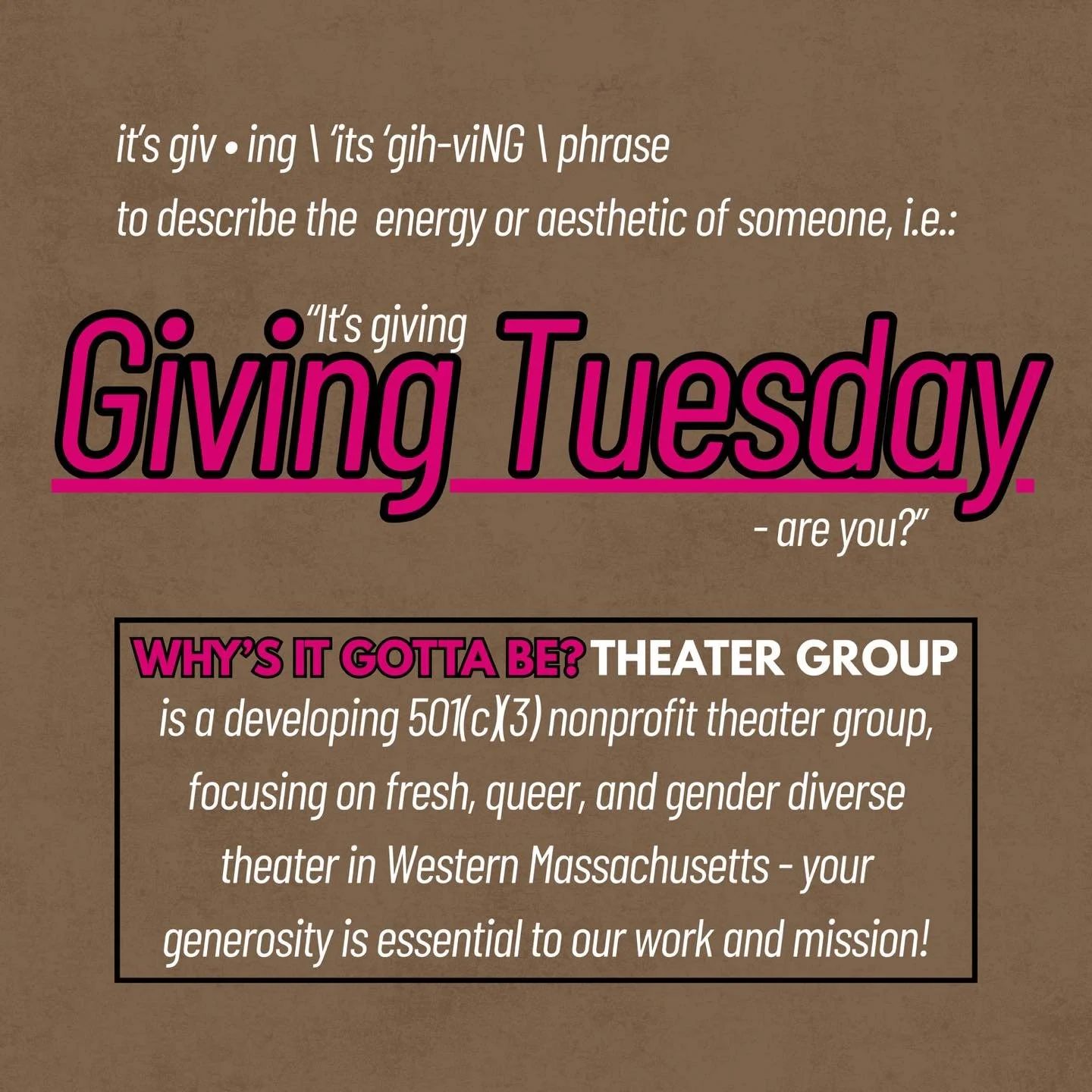 It's giving #GivingTuesday over at www.wigbtheater.org/donate - are you?

WIGB is currently fundraising for our first production - this Giving Tuesday, please consider supporting our developing 501(c)(3) nonprofit theater group.

We're building WIGB 