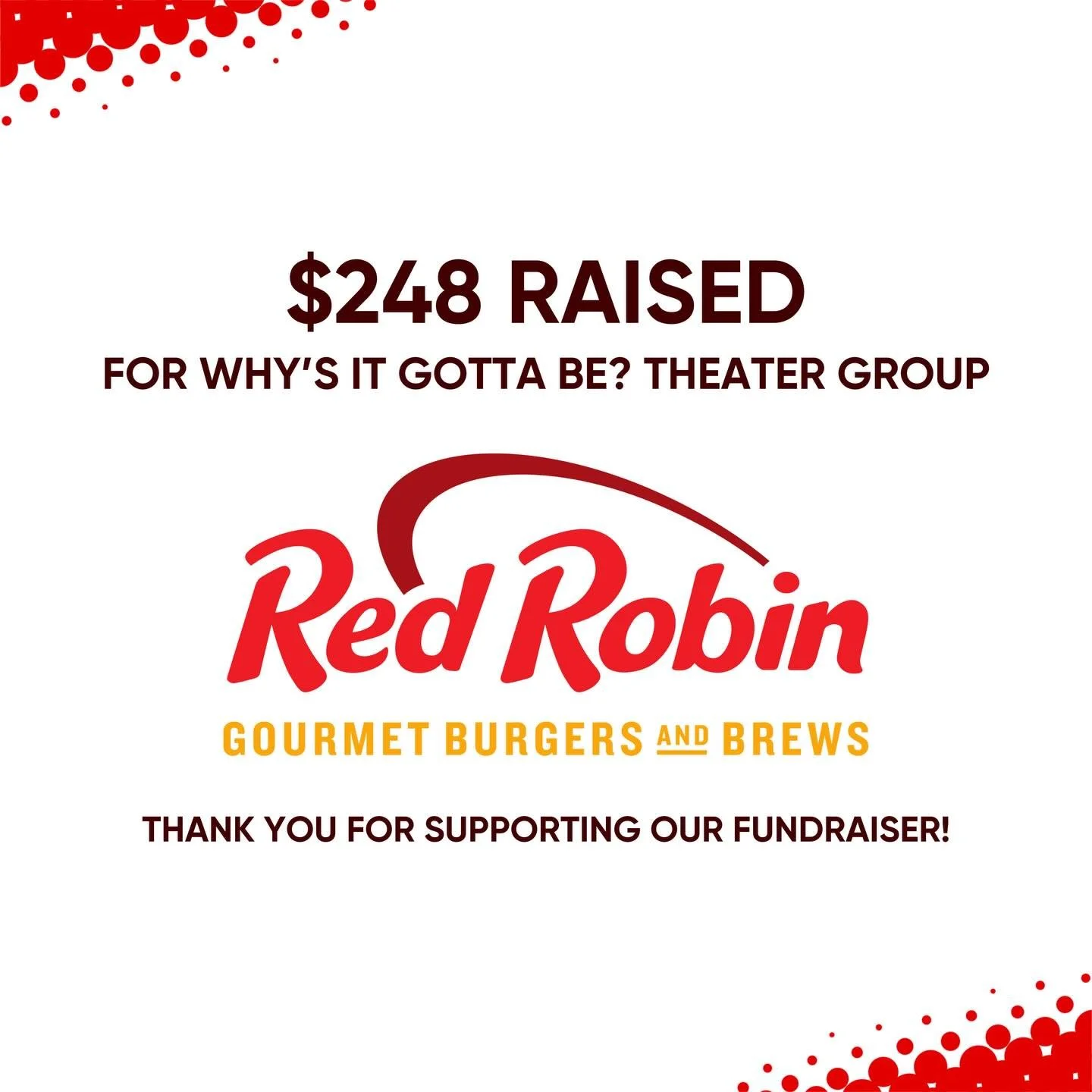 Thank you to everyone who came out to our December dining fundraisers at #RedRobin and #Chipotle - together, we were able to raise $248 and $265 respectively for our first production!

If you weren&rsquo;t able to make it out and would like to consid