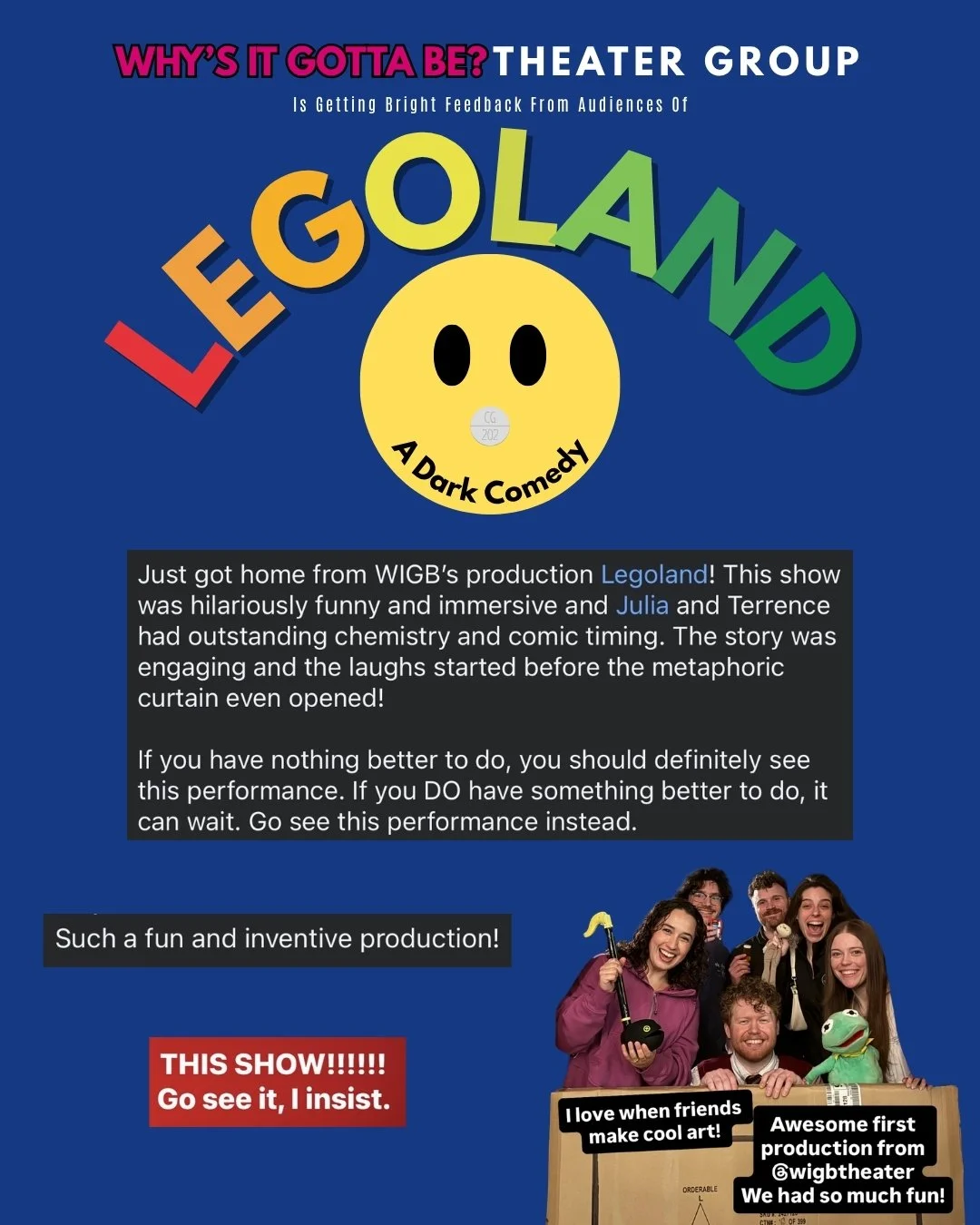 The people have spoken! Legoland is a fast and exciting madcap hit for Why's It Gotta Be? Theater Group's debut production!

Legoland continues into its FINAL WEEKEND tomorrow at 7:30PM at @cityspace413 in Easthampton, MA; plays Saturdays at 2:00PM a
