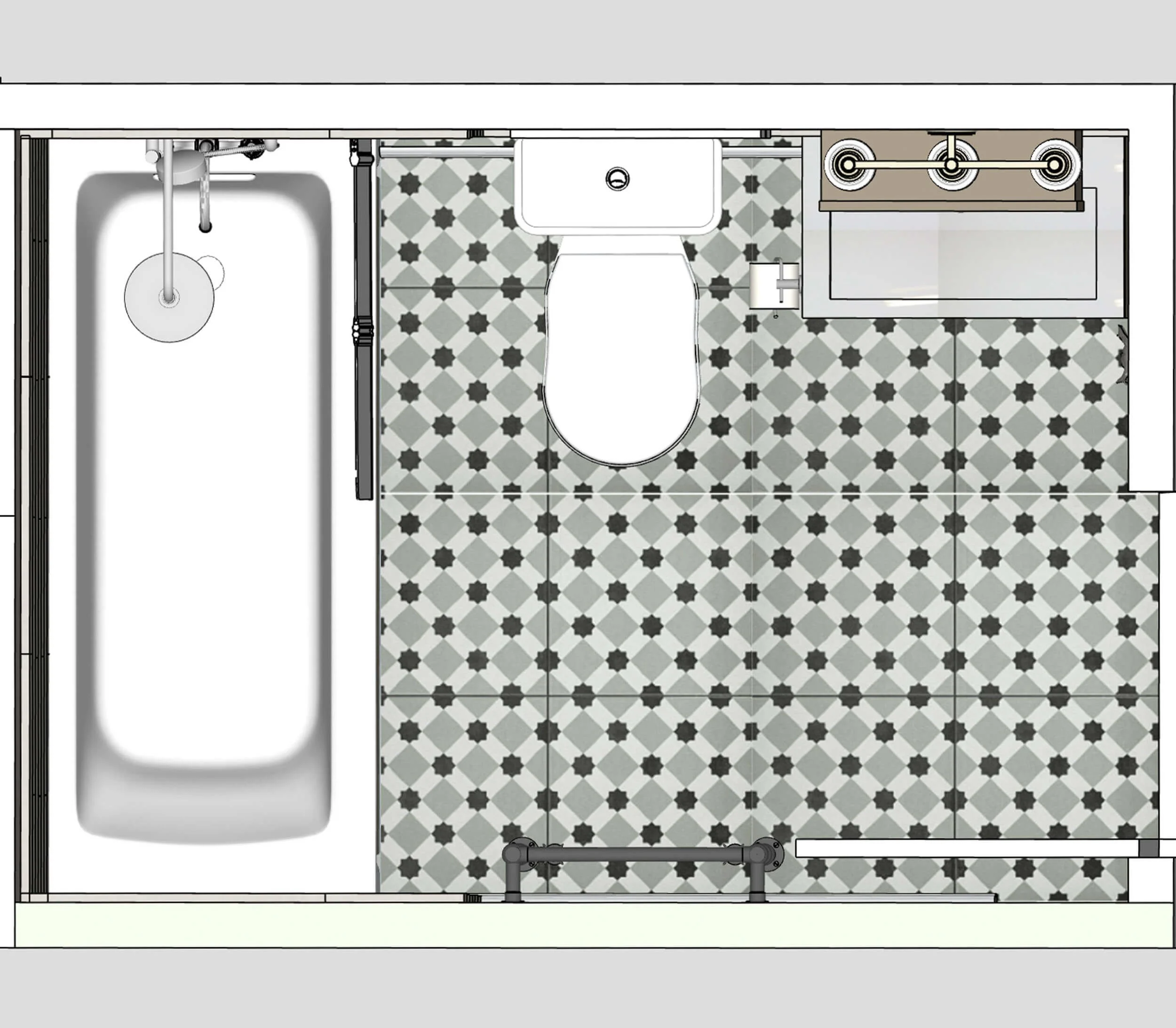 Top-down view of a bathroom with a bathtub on the left, a toilet in the center, and a sink with a mirror and towel on the right, with patterned floor tiles.