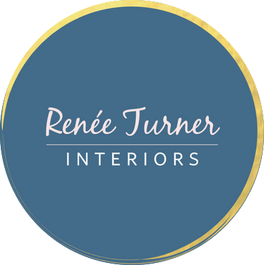 Logo for Renée Turner Interiors with a blue circle and gold border.