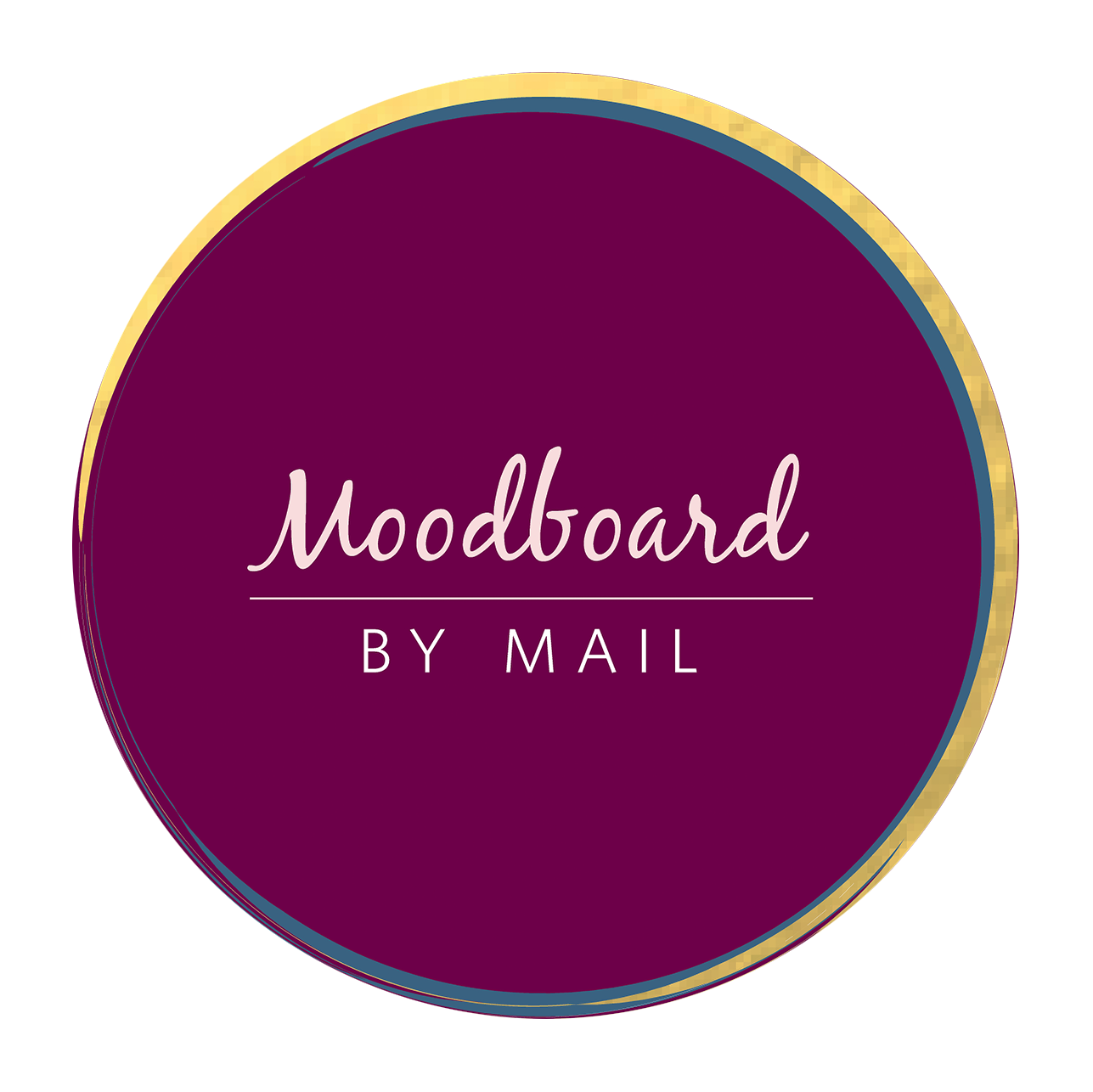 A purple circular logo with a gold border that says "Moodboard by Mail" in white and pink text.