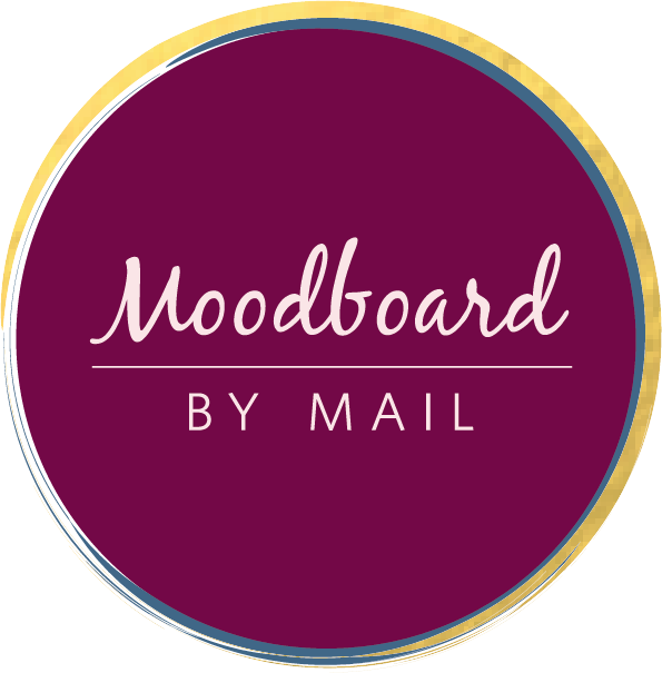 A circular logo with a purple background, gold border, and the text "Moodboard by Mail" in white.