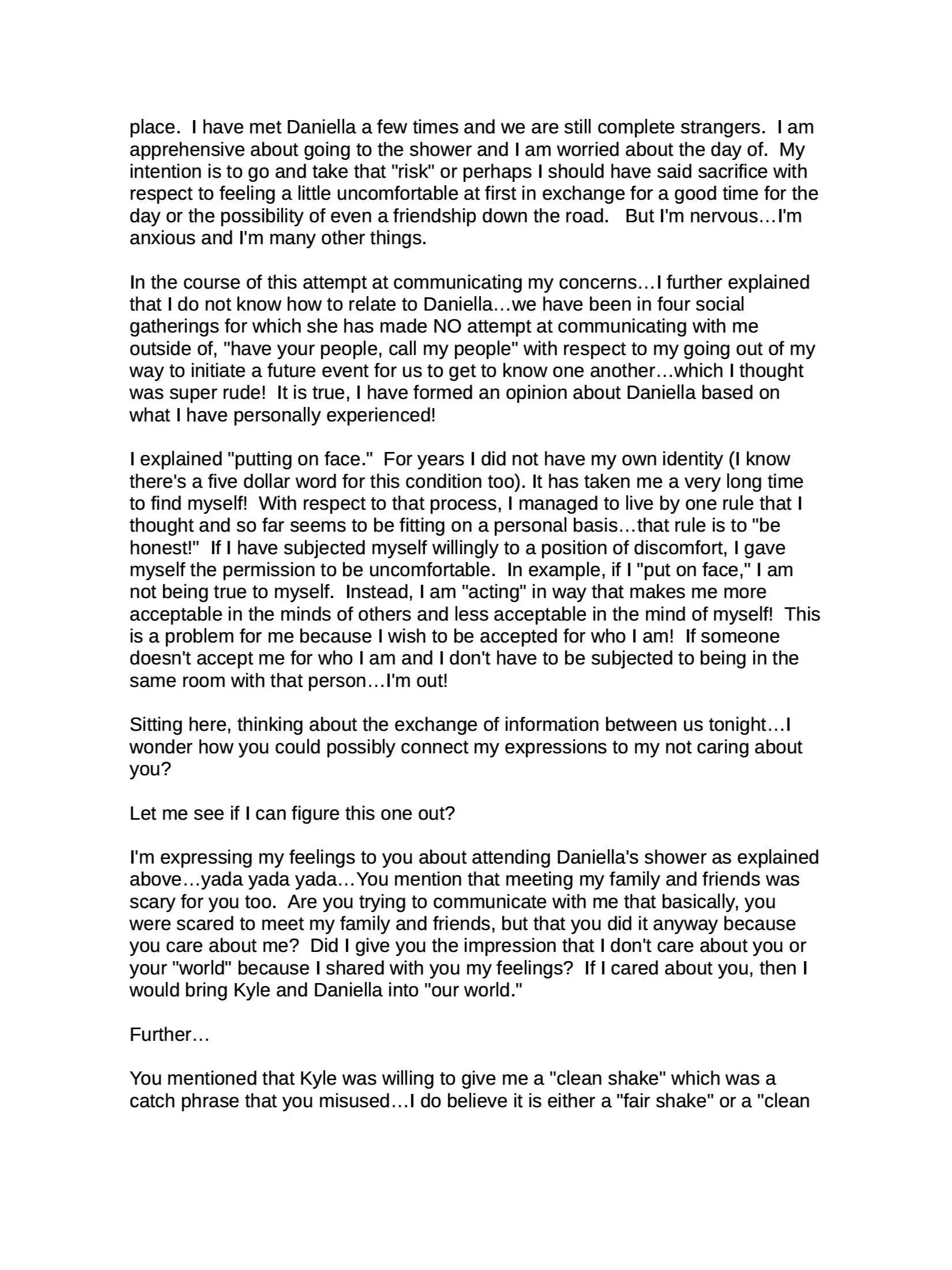 Page 3 of Rebekah’s January 29, 2009 letter explaining social anxiety and how expressing fear was interpreted as not caring.