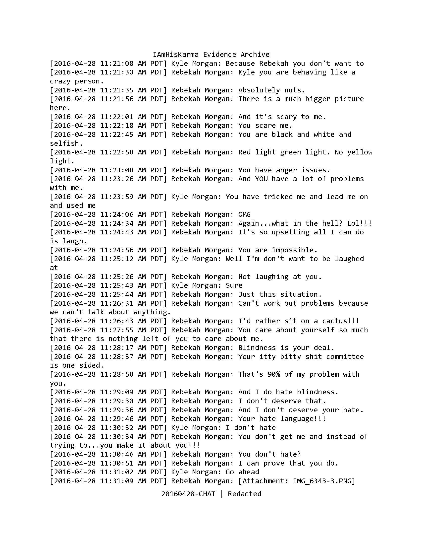 Redacted April 28 iChat transcript showing Rebekah directly expressing fear and concern about Kyle’s anger.