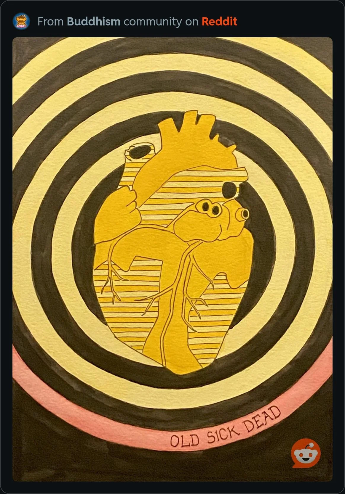Yellow anatomical human heart surrounded by concentric black and yellow rings with “Old Sick Dead” written along the outer band.