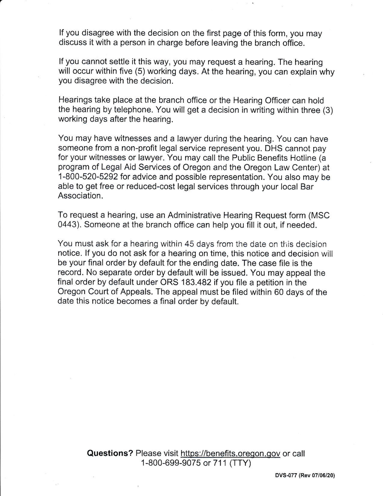 Final page of Kyle’s TA-DVS records explaining administrative hearing and appeal rights.