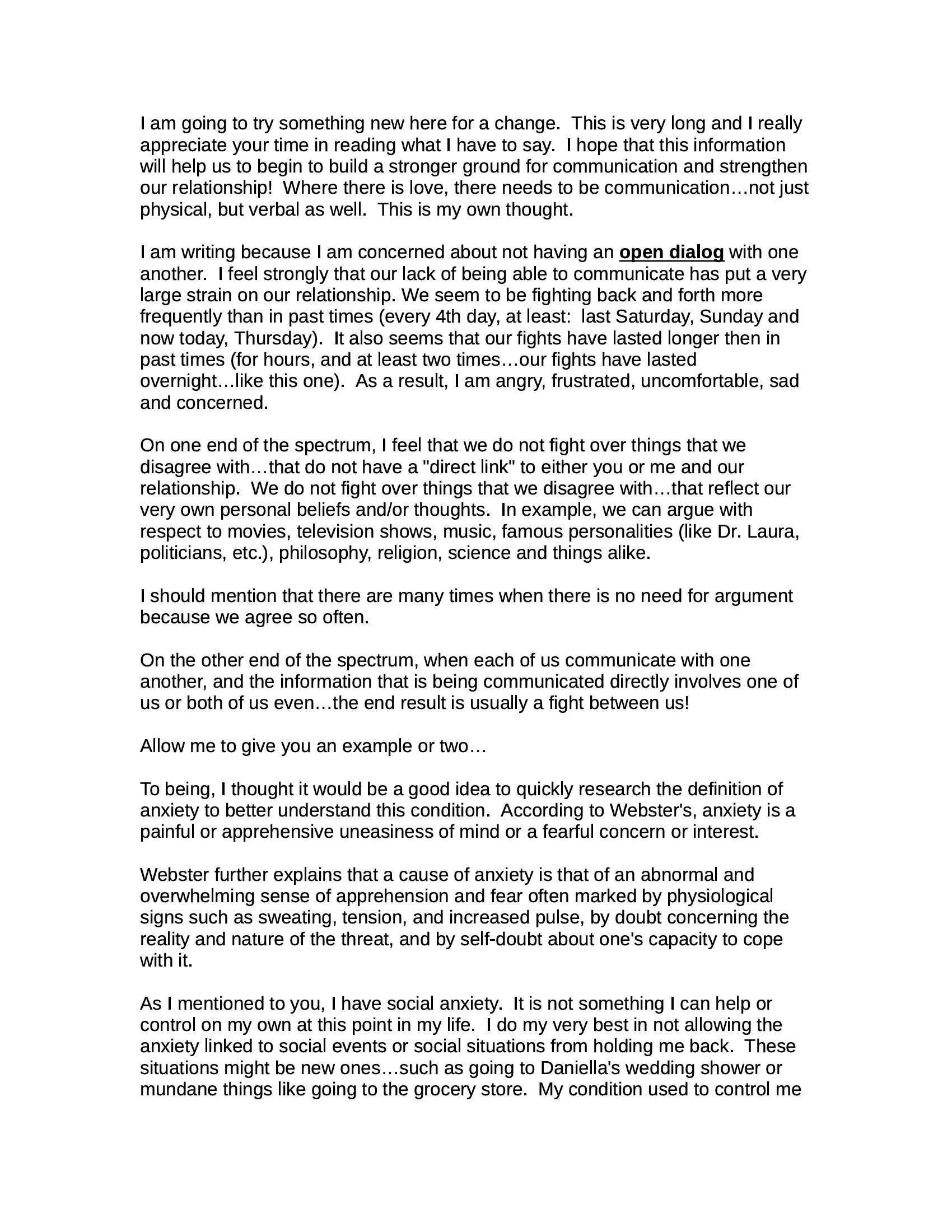 Page 1 of a January 29, 2009 letter from Rebekah to Kyle introducing concerns about increasingly frequent relationship conflict and requesting empathetic, constructive communication.
