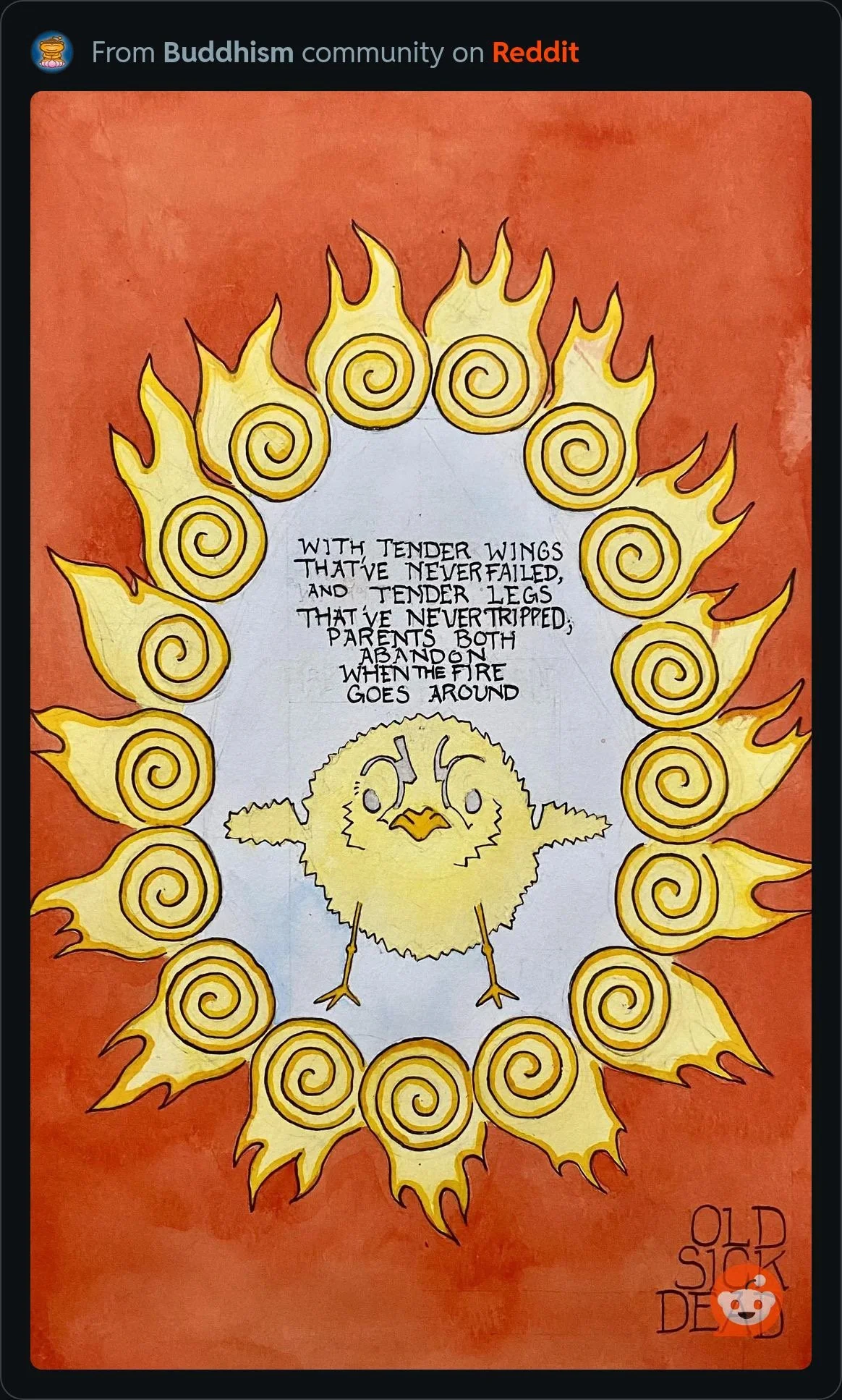 Yellow baby bird surrounded by a circular wall of stylized flames against a red background, with handwritten text describing both parents abandoning the young bird as the fire approaches.