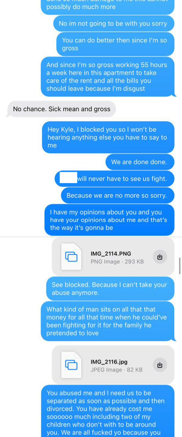 Redacted iMessage exchange showing Rebekah blocking Kyle, describing abuse and homelessness, and asking for separation and divorce.