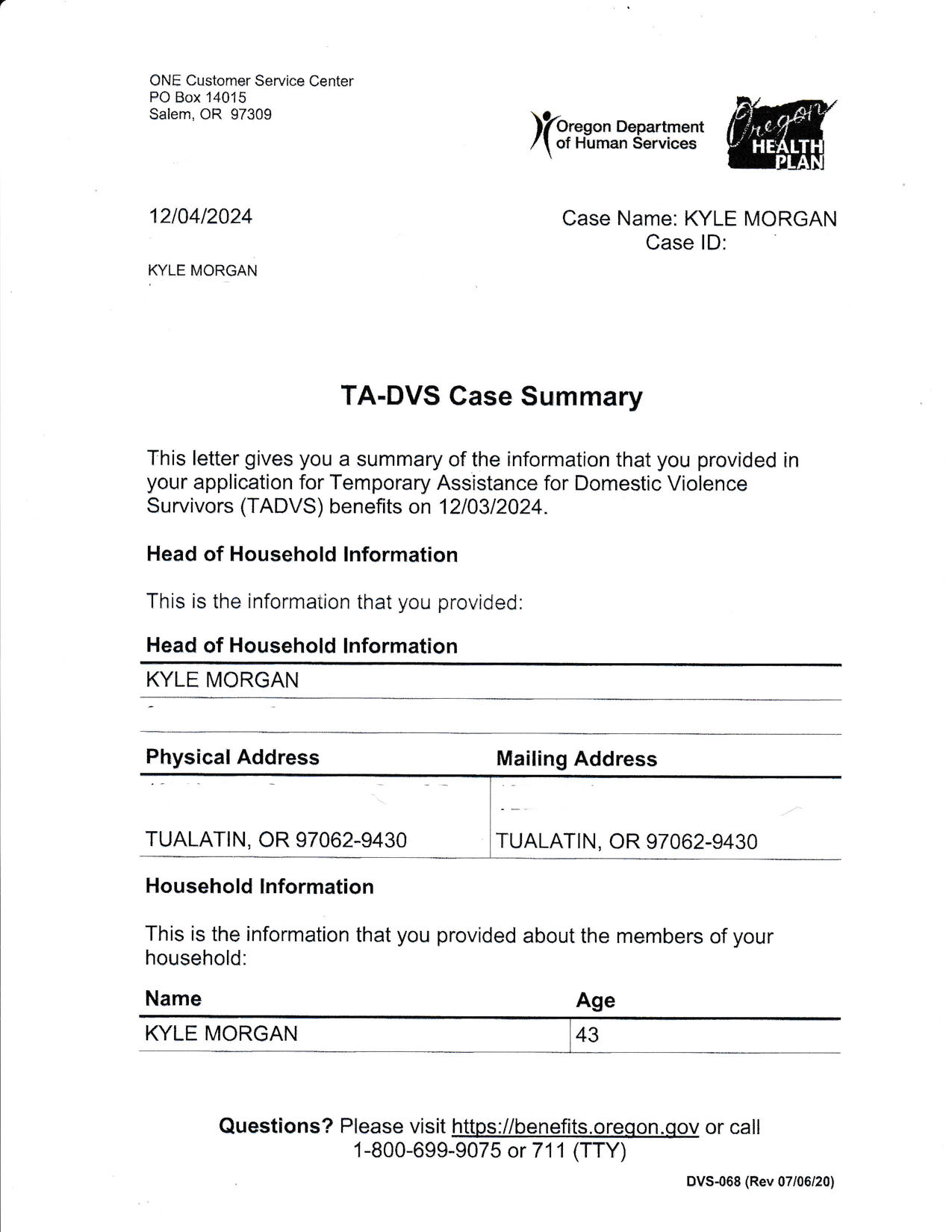 Redacted TA-DVS case summary dated December 4, 2024, documenting a December 3 application and identifying Kyle as the listed assistance-group member.
