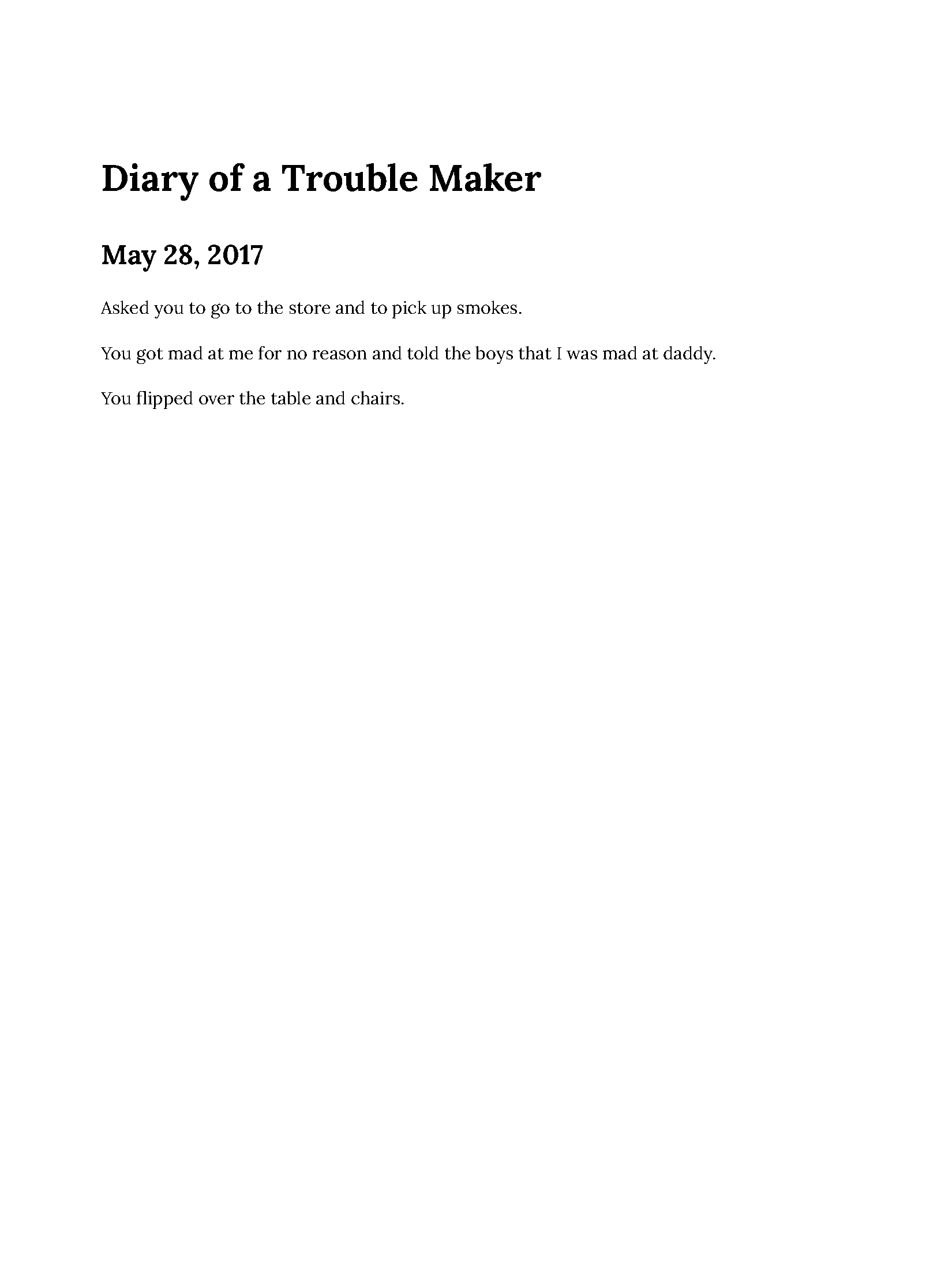 Screenshot of Rebekah’s May 28, 2017 journal entry documenting a household incident involving overturned furniture, frightened children, fear, anger, and exhaustion.