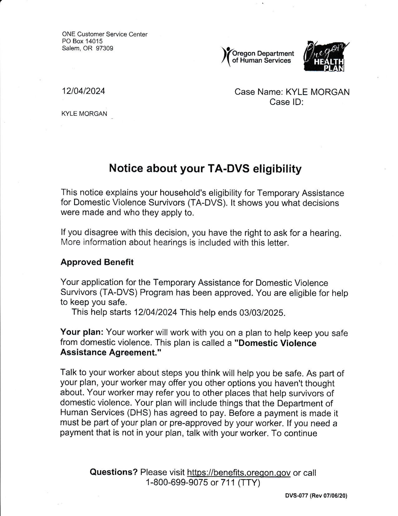 Redacted benefit notice showing a TA-DVS eligibility period from December 4, 2024 through March 3, 2025.