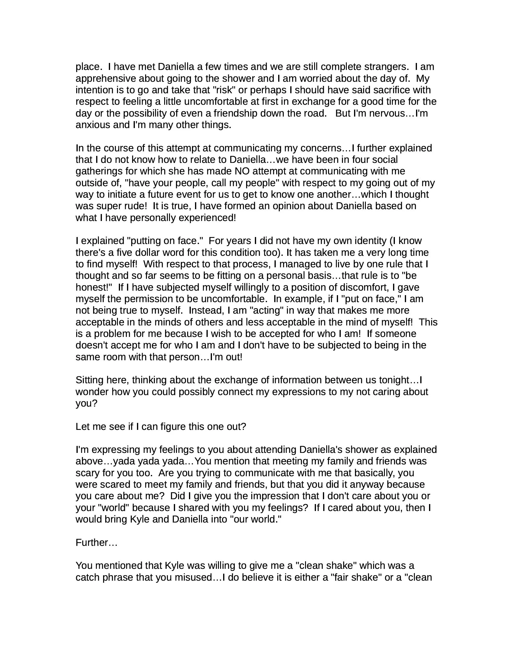 Page 3 discussing anxiety, personal boundaries, Daniella, Kyle, and relationship communication.