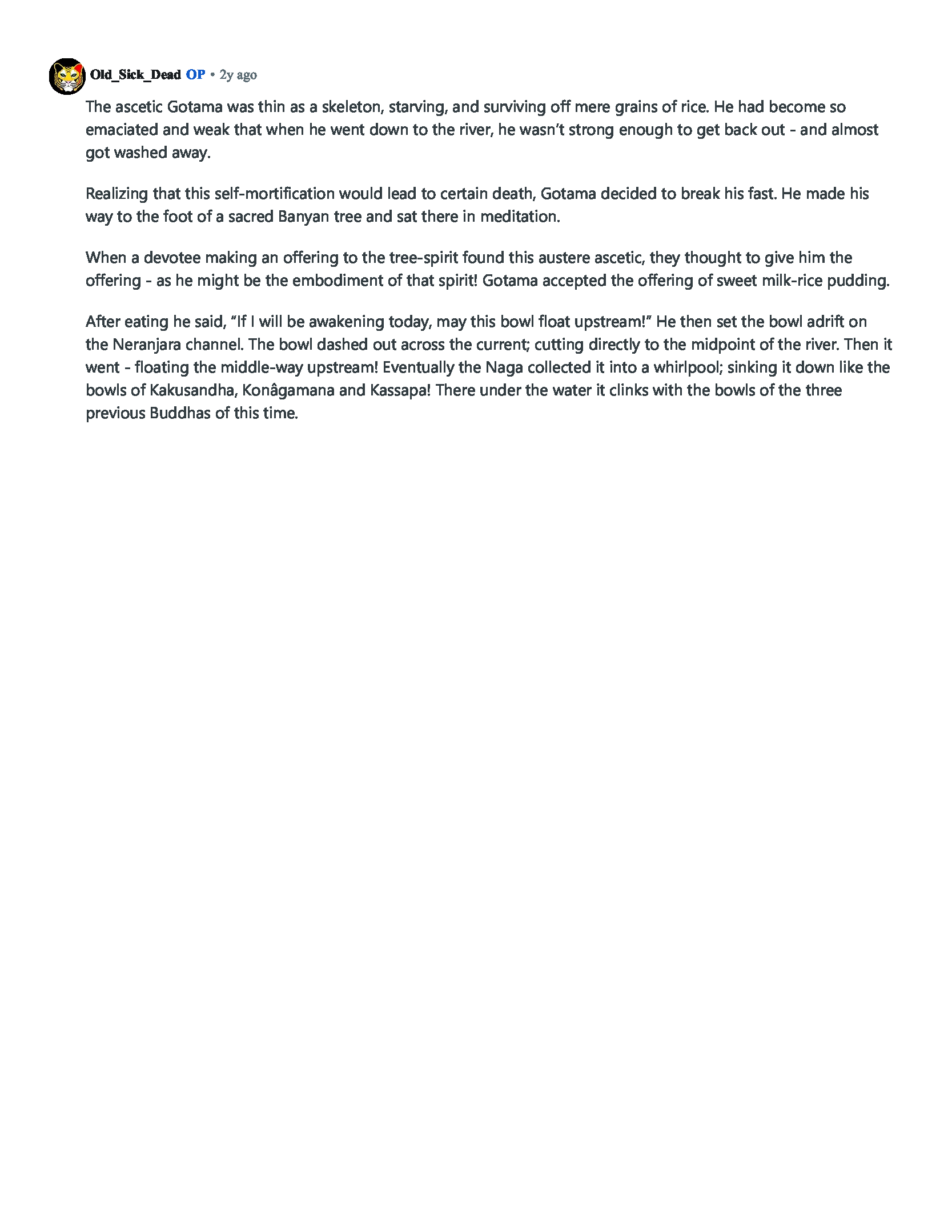 Screenshot of the Buddhist story accompanying A Bowl So Clean It Floats Upstream, describing Gotama abandoning extreme self-mortification and breaking his fast.