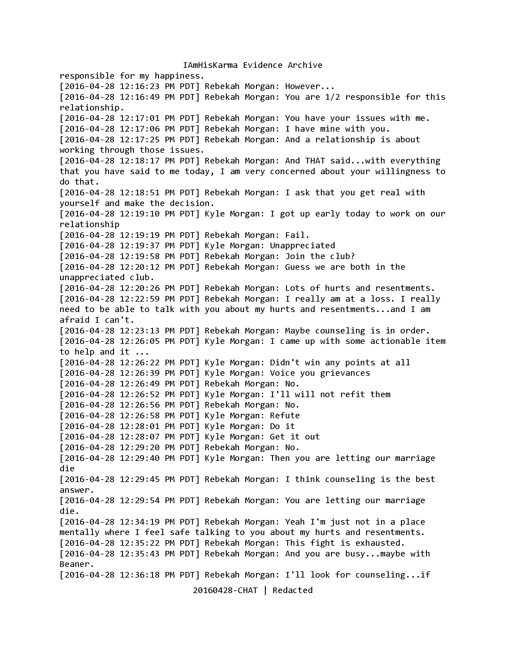 Redacted April 28 iChat transcript showing discussion of counseling and Rebekah saying she does not feel safe discussing her hurts.