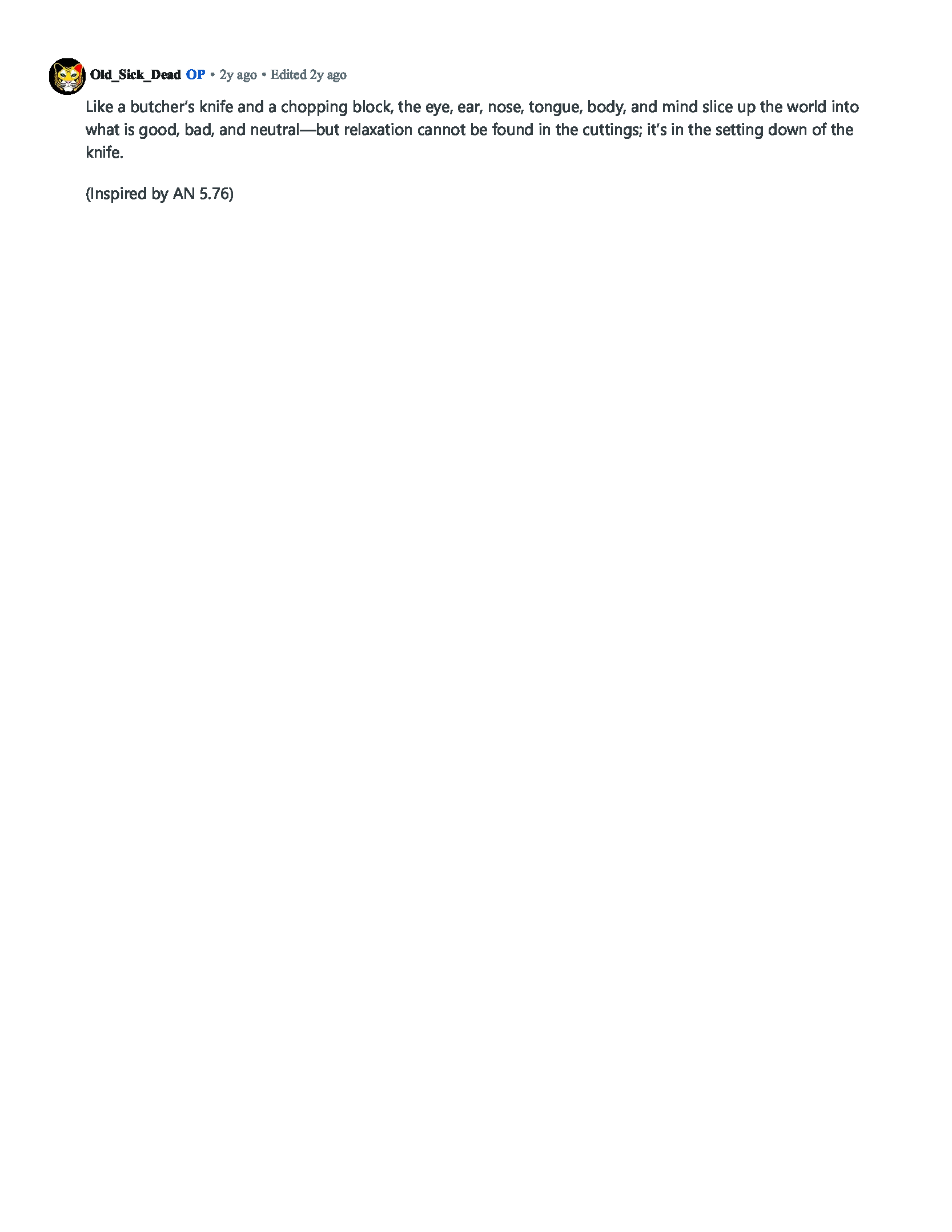 Screenshot of the Reddit explanation accompanying Discernment, discussing sensory perception, categorization, and letting go of the instrument that divides experience.