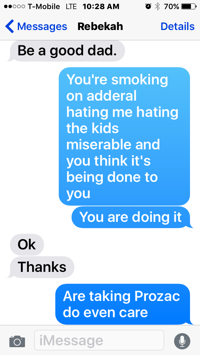 iPhone message screenshot from Kyle’s side showing accusations involving Adderall and questions about whether Rebekah was taking Prozac.