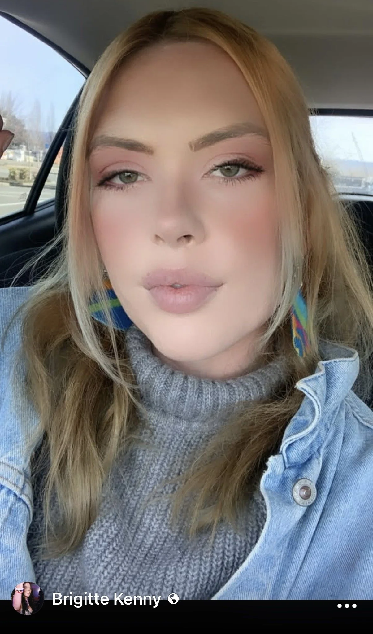 Facebook screenshot showing a close-up car selfie under the displayed account name Brigitte Kenny.