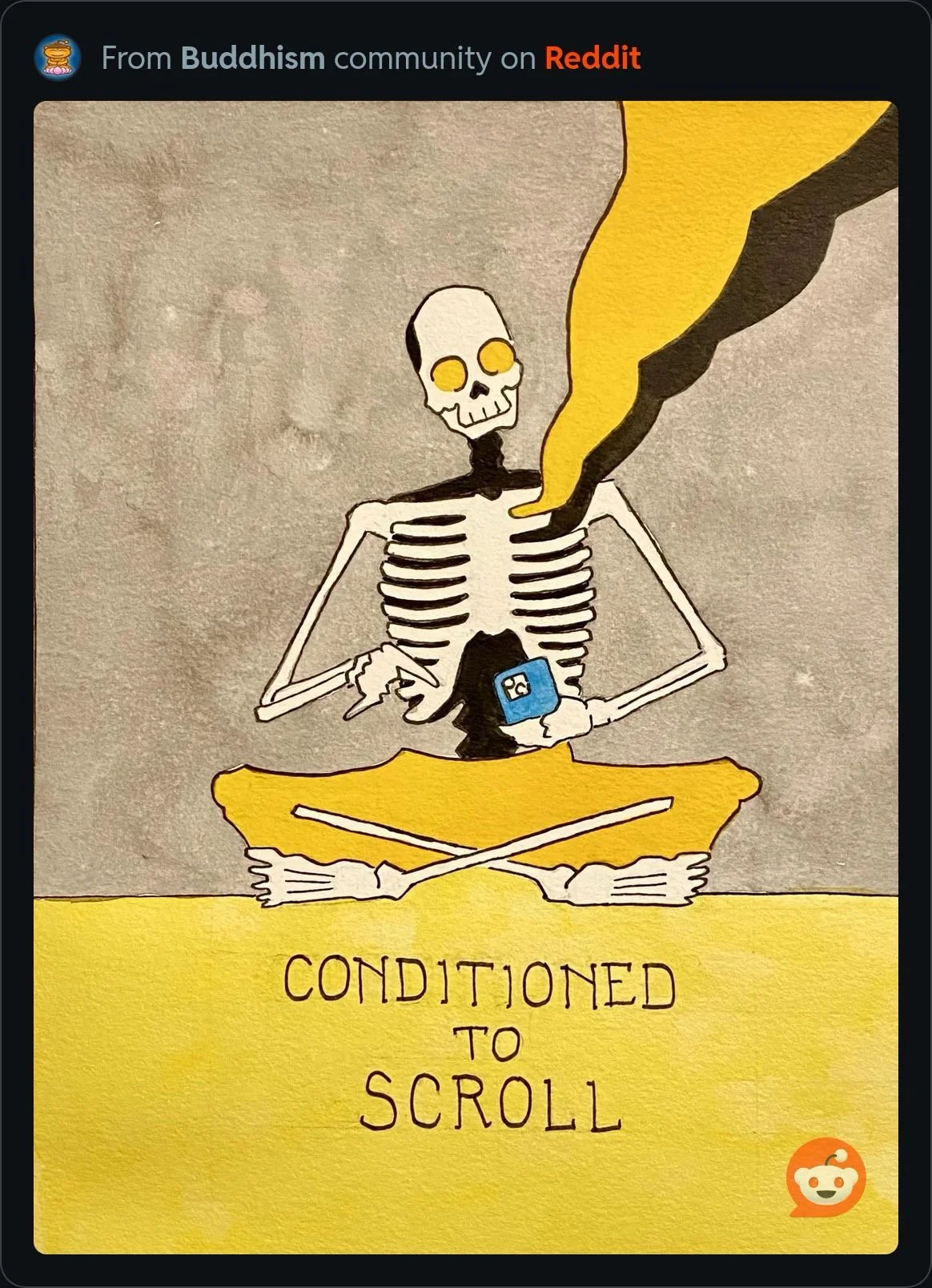 Old Sick Dead artwork depicting a skeleton seated cross-legged while holding a blue smartphone, with the words “Conditioned to Scroll.”