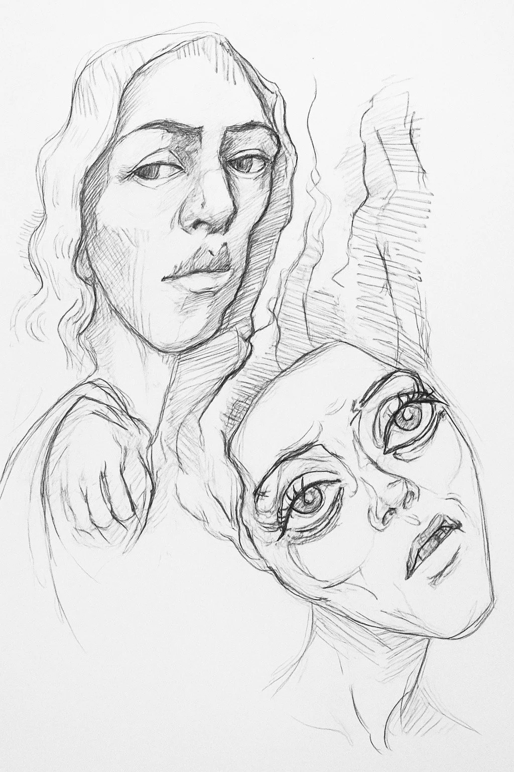 Black-and-white pencil drawing of two overlapping, elongated faces, one upright in the upper left and the other tilted in the lower right, rendered with loose lines and cross-hatched shading.