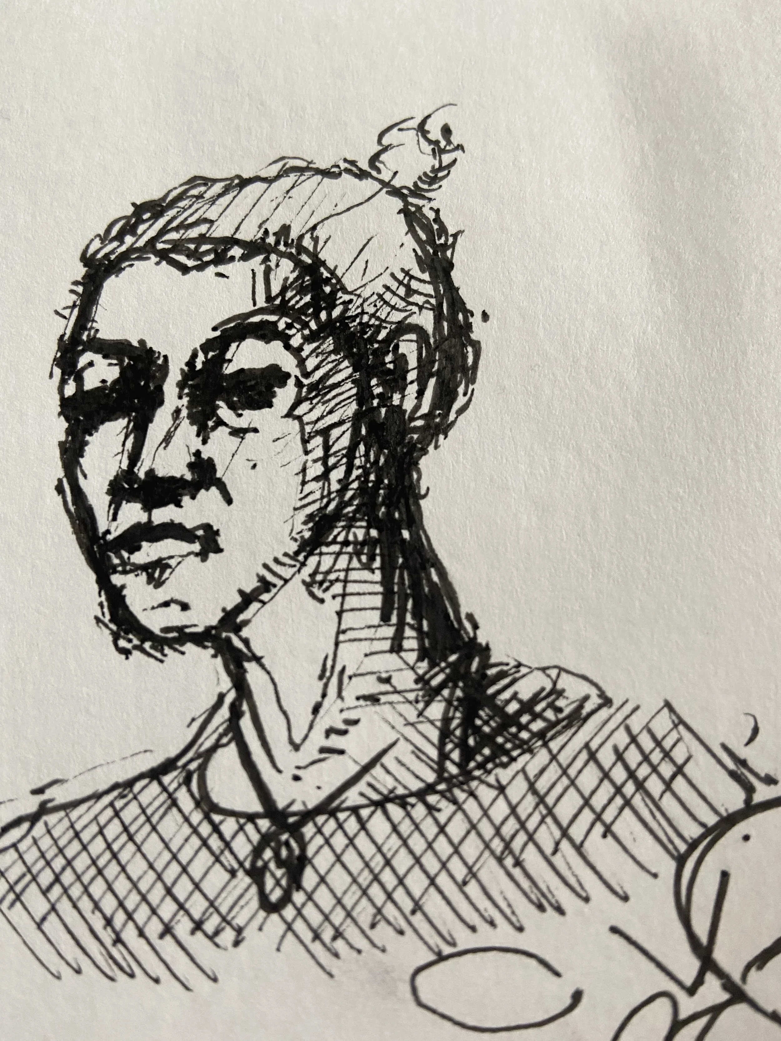 Expressive ink portrait of the writer with darkened eyes, crosshatched shading, hair pulled into a bun, and her pendant necklace, dated March 28, 2021.