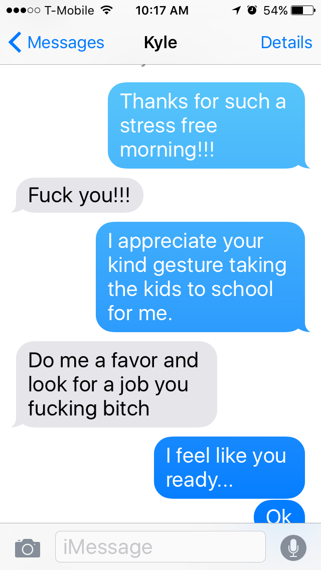 Duplicate iPhone message screenshot showing Kyle writing “Fuck you” and telling Rebekah to look for a job.