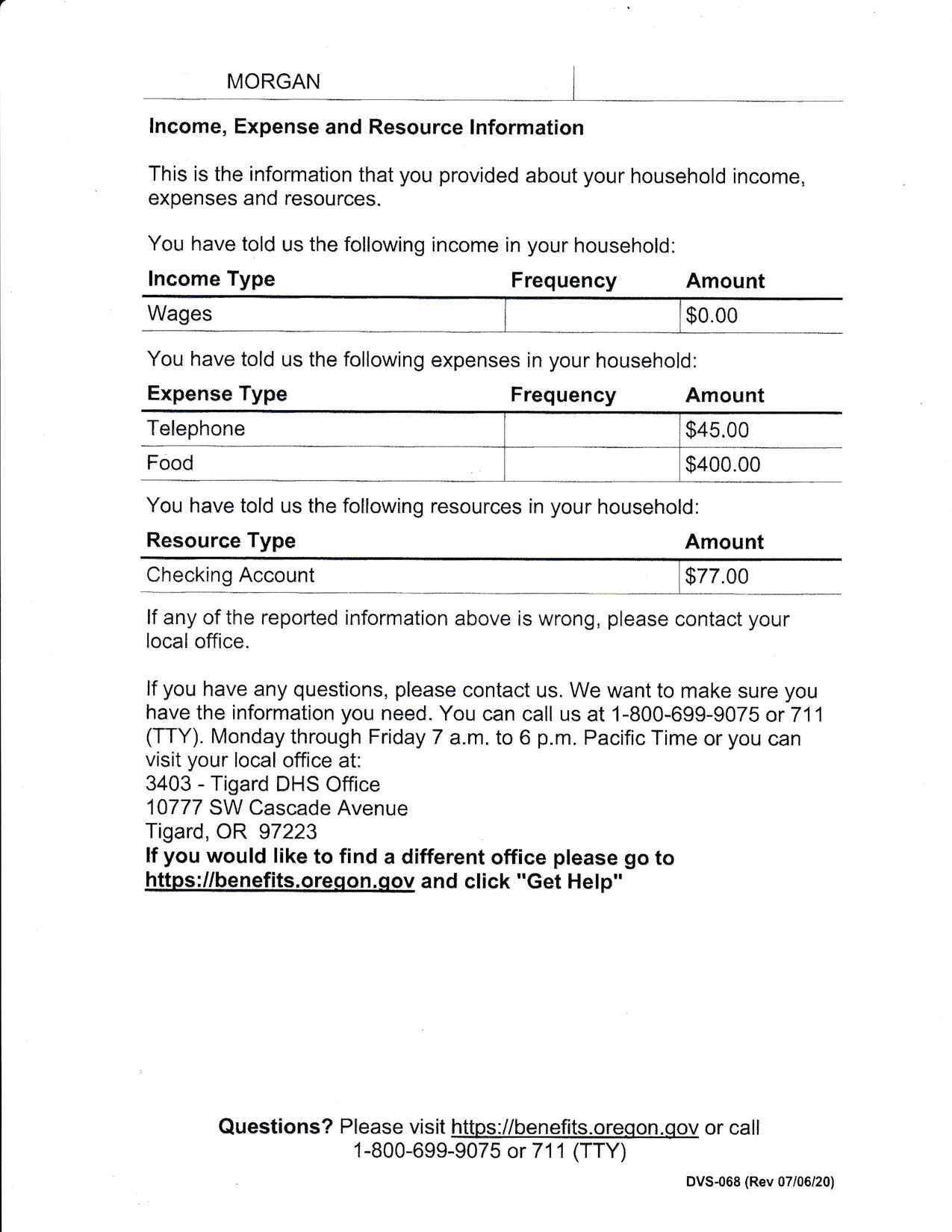 Redacted financial worksheet listing zero dollars in wages, a $45 telephone expense, a $400 food expense, and $77 in a checking account.