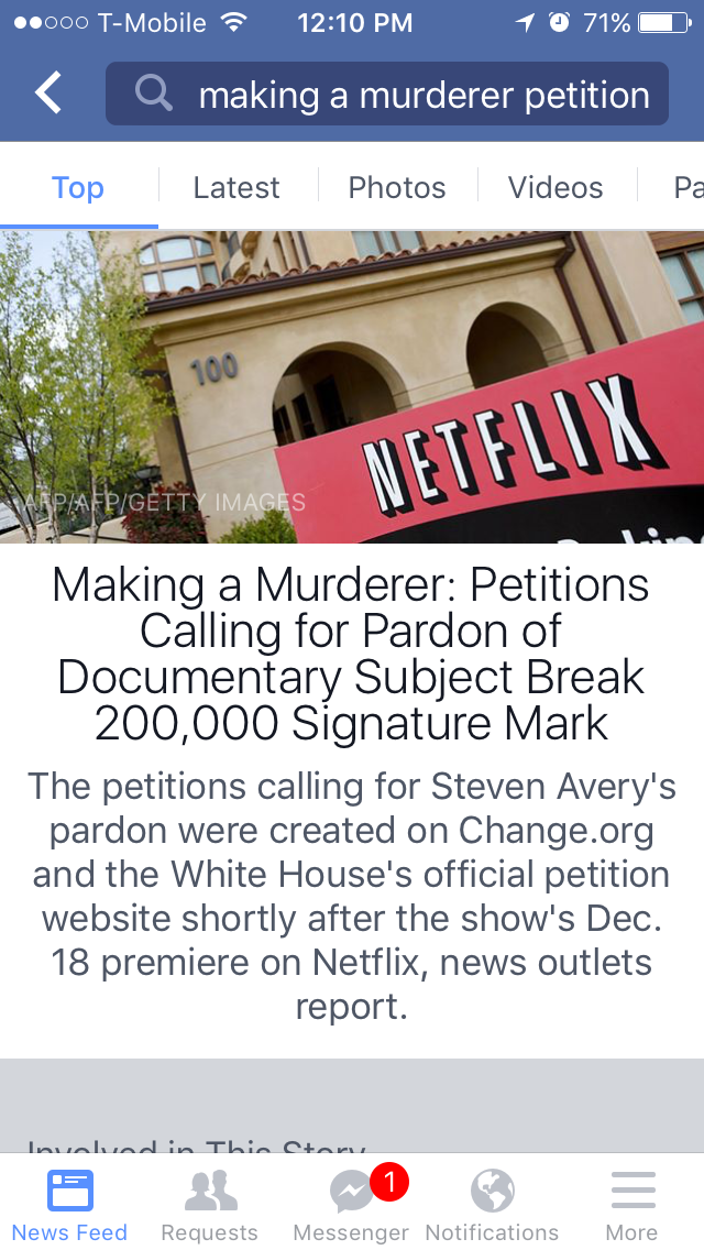 Facebook search screenshot for “making a murderer petition” showing a news story about petitions seeking a pardon for Steven Avery.