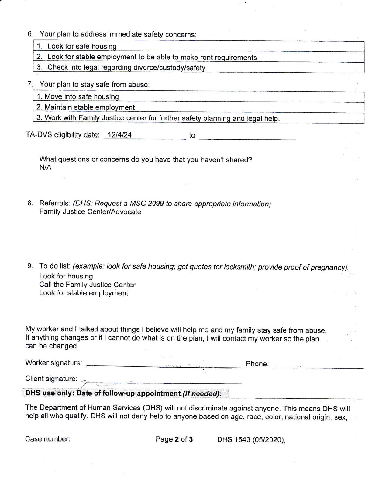 Second page of Kyle’s TA-DVS agreement listing housing, employment, legal, safety, divorce, custody, and Family Justice Center goals.