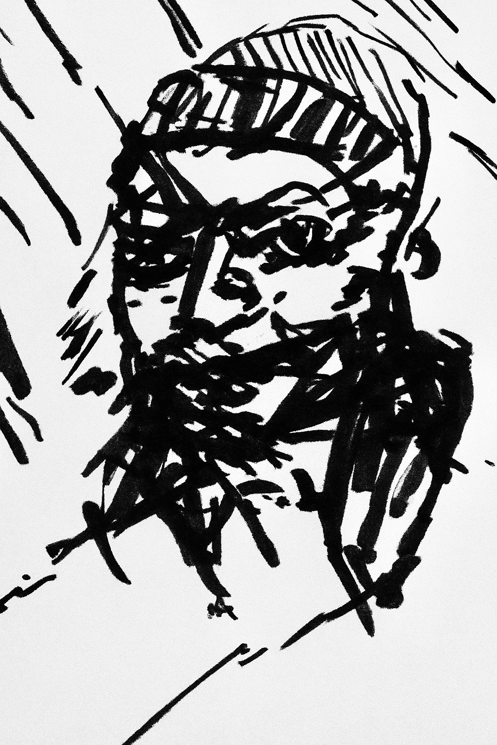 High-contrast black ink portrait on white paper, identified by Rebekah Morgan as a drawing of herself by Kyle Morgan.