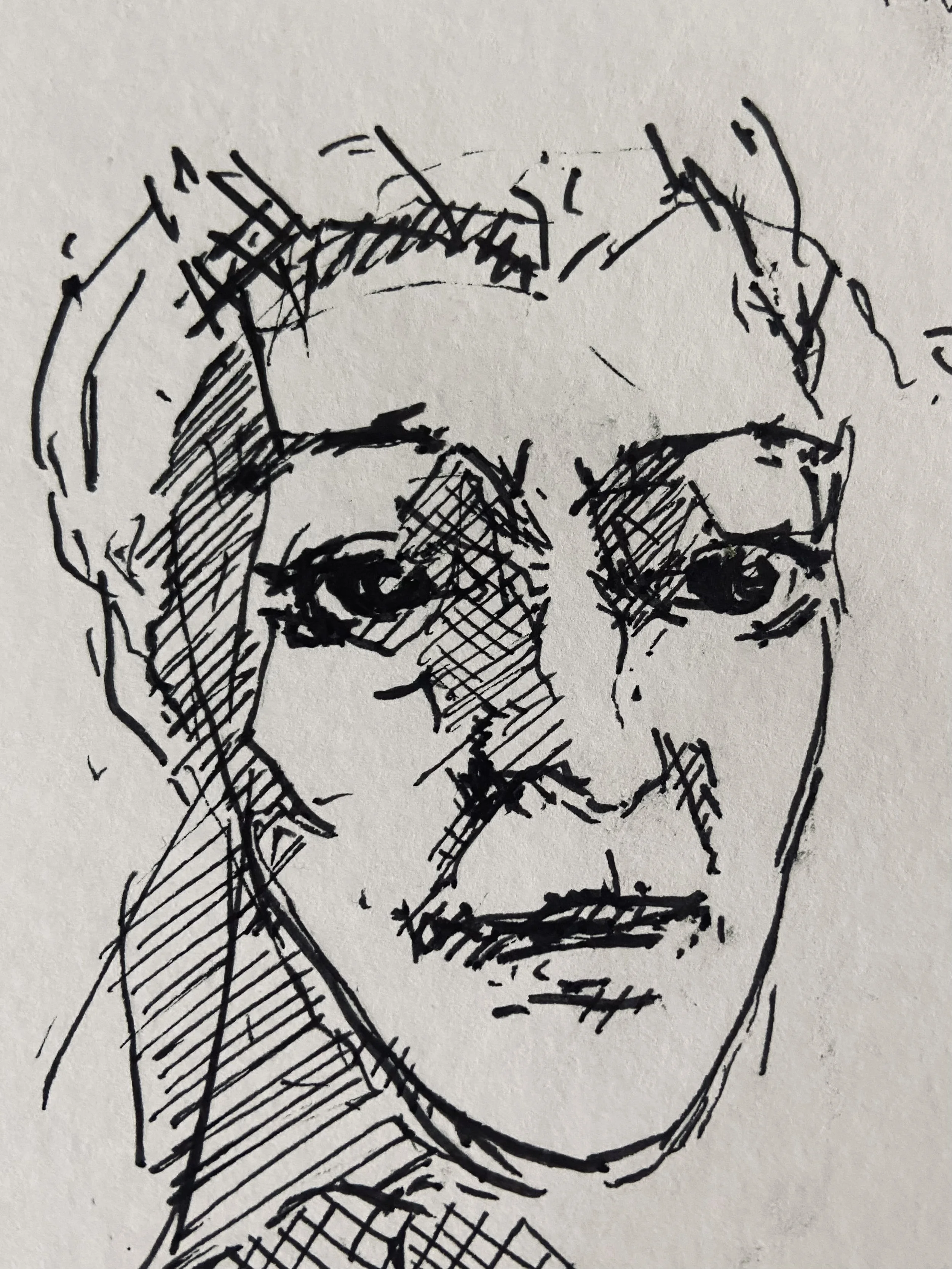 Close ink portrait of the writer with a direct gaze, short dark hair, and heavy crosshatched shading, dated March 28, 2021.