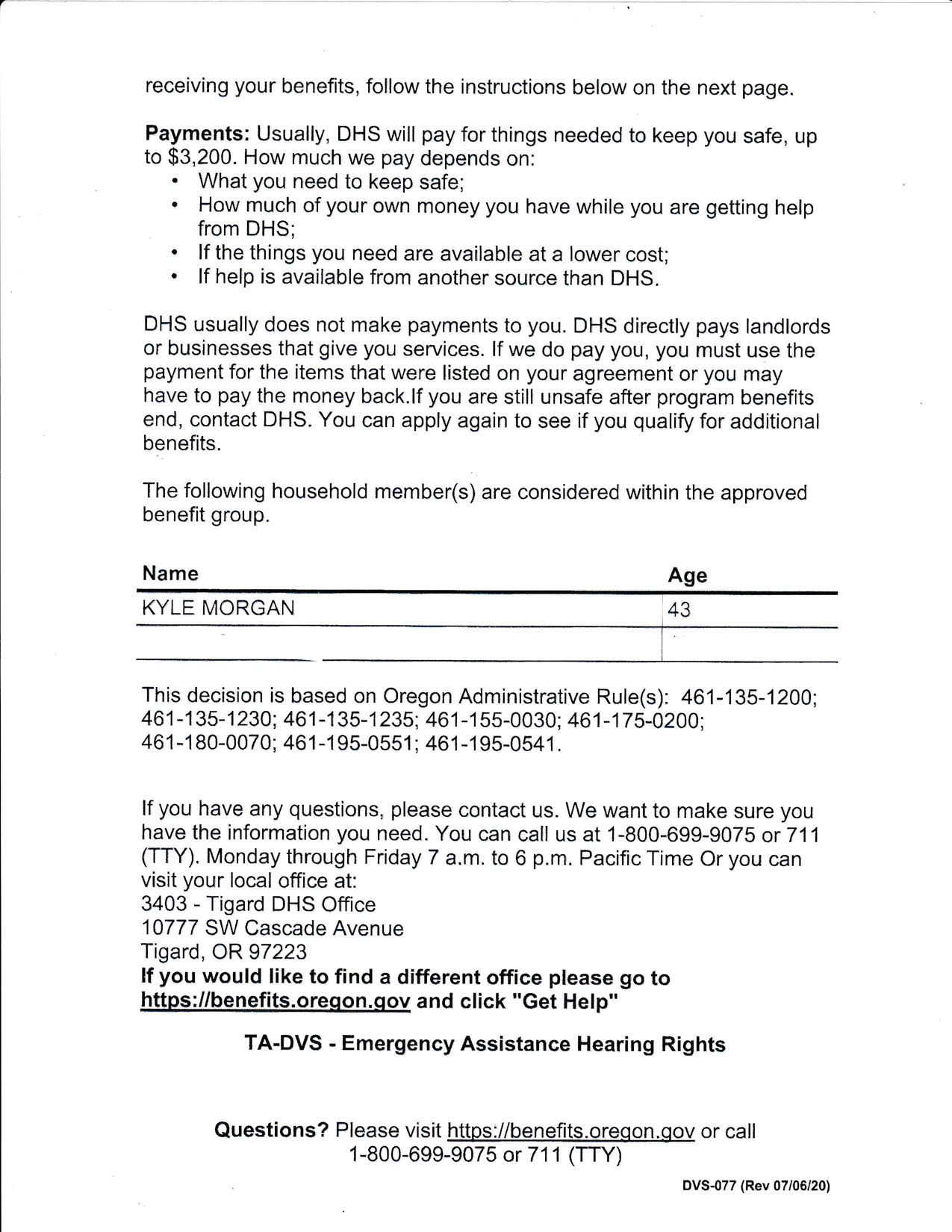 TA-DVS program page describing potential assistance, benefit-group membership, and consideration of available money.