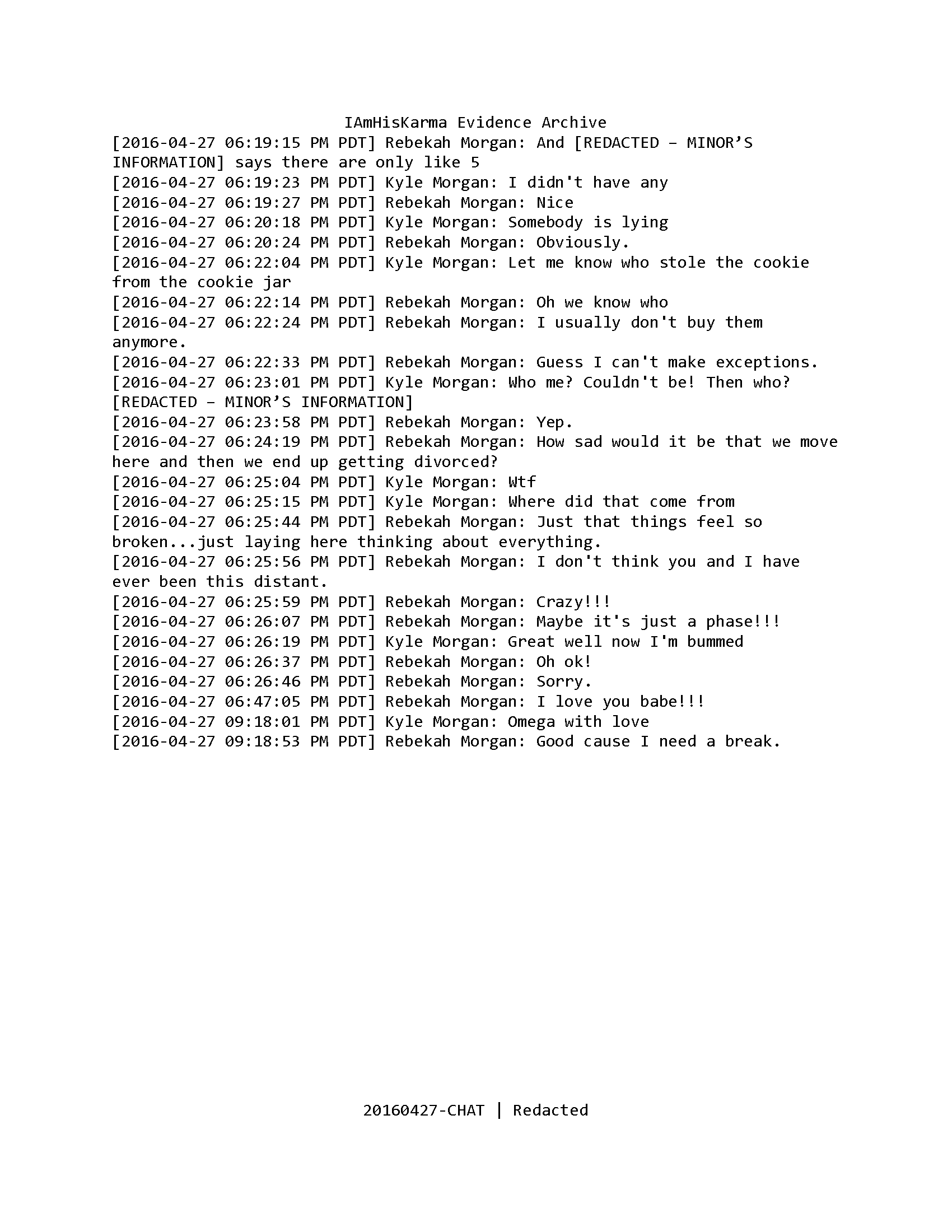 Redacted April 27, 2016 iChat transcript showing family conversation followed by Rebekah saying the relationship felt broken and distant.
