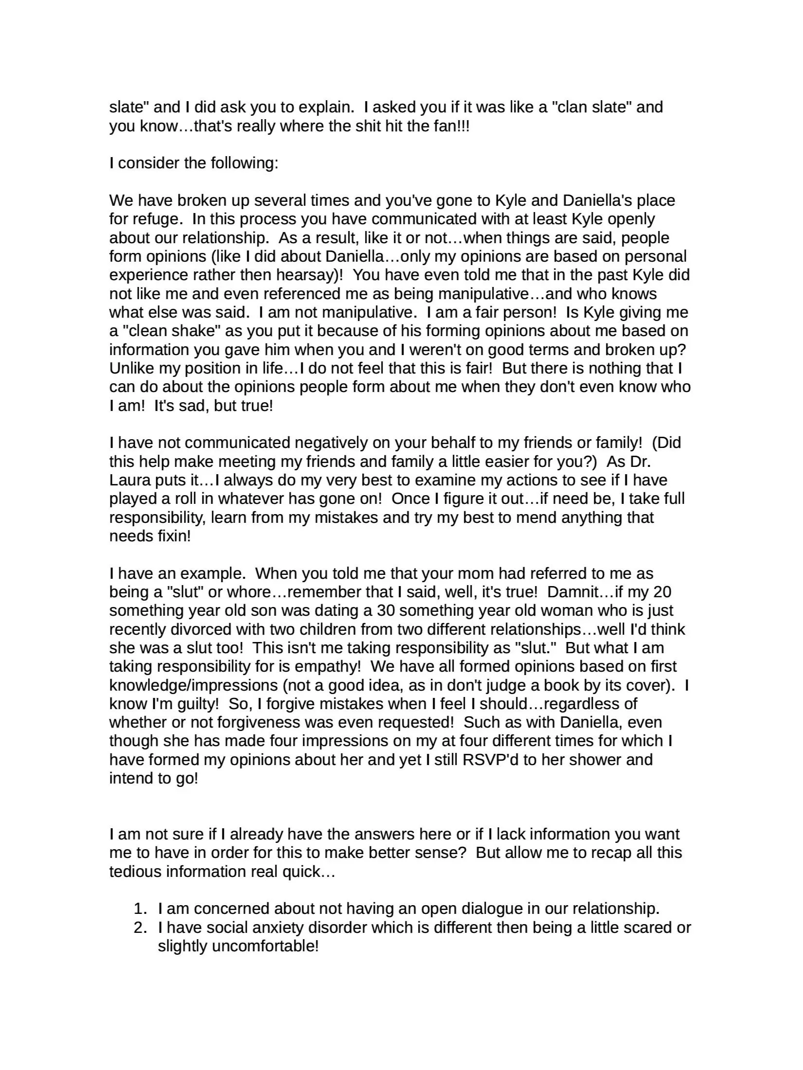 Page 4 of Rebekah’s January 29, 2009 letter discussing repeated breakups, outside involvement, and feeling judged by people who did not know her.